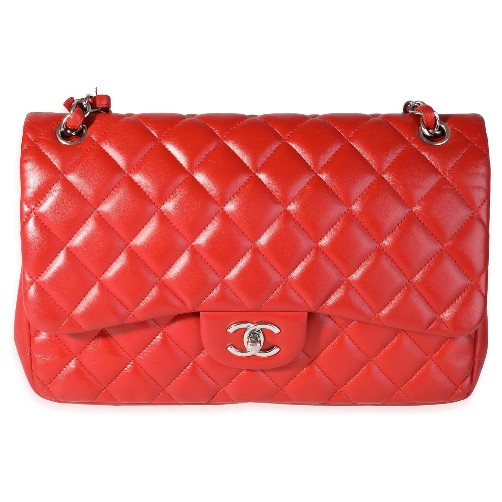 Timeless Chanel Red Quilted Lambskin Classic Jumbo Double Flap Bag