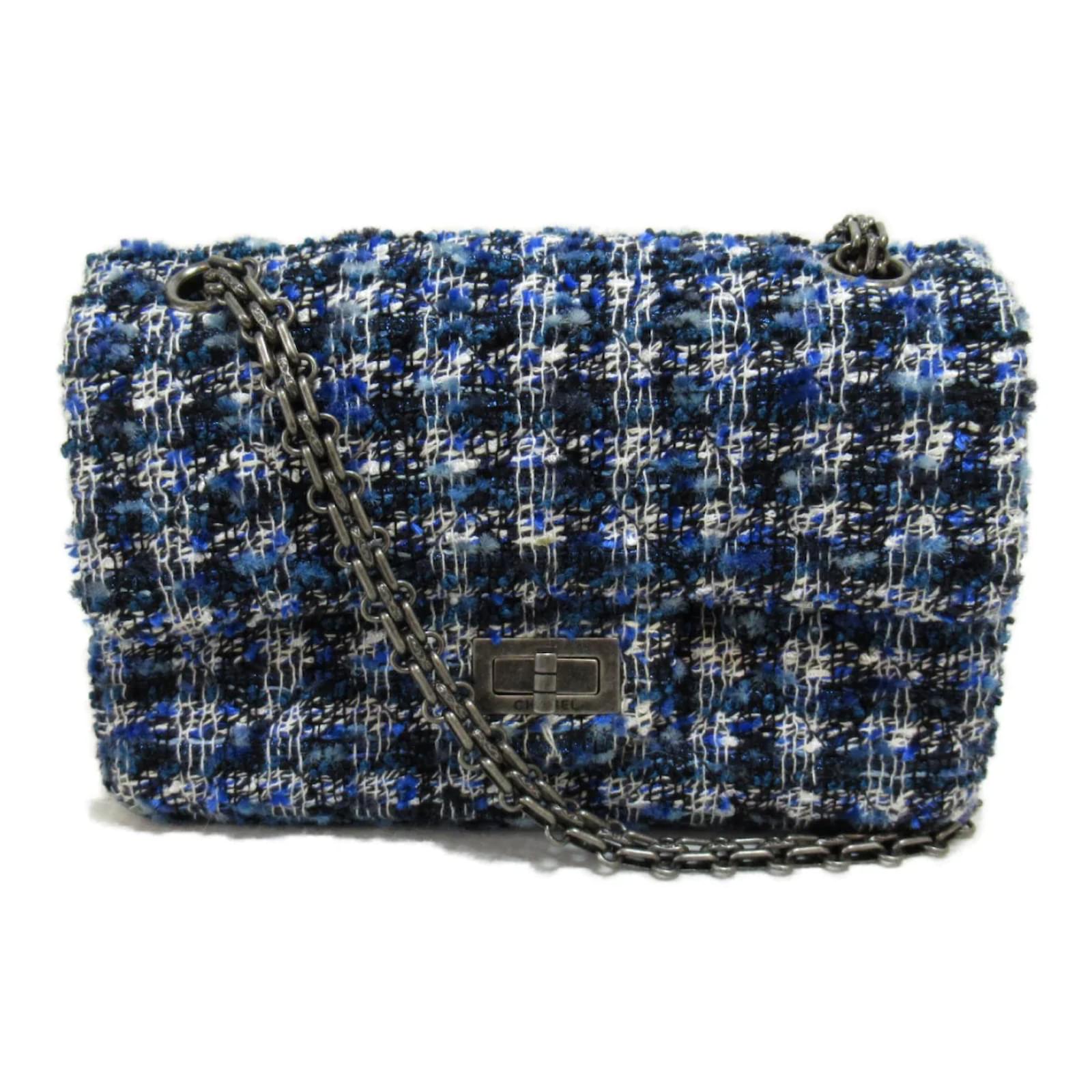 Pre-owned Chanel Mini Rectangular Flap Bag Blue Tweed Silver Hardware