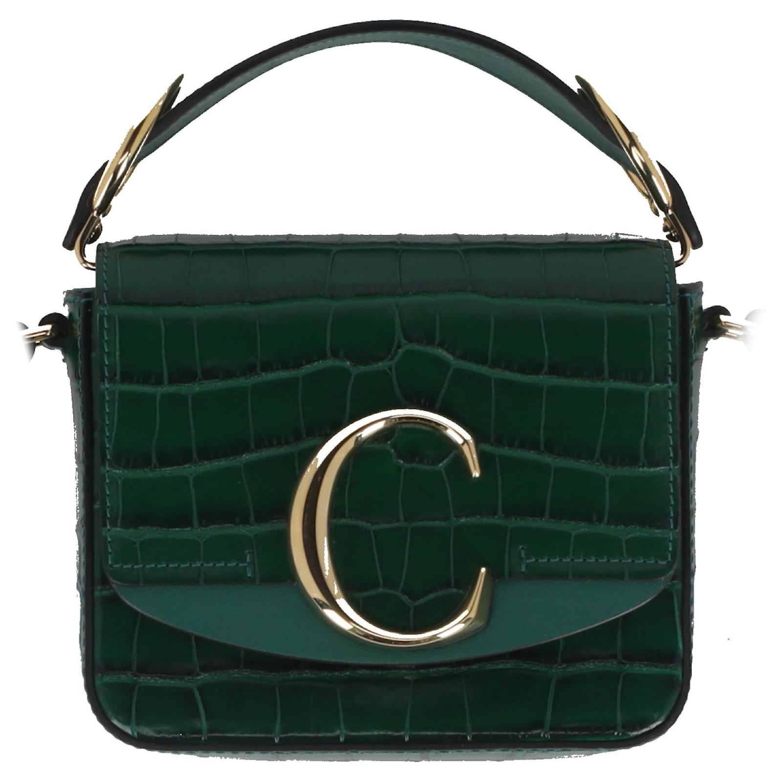Chloé Mini C Croc Embossed Crossbody Bag in Green Leather ref