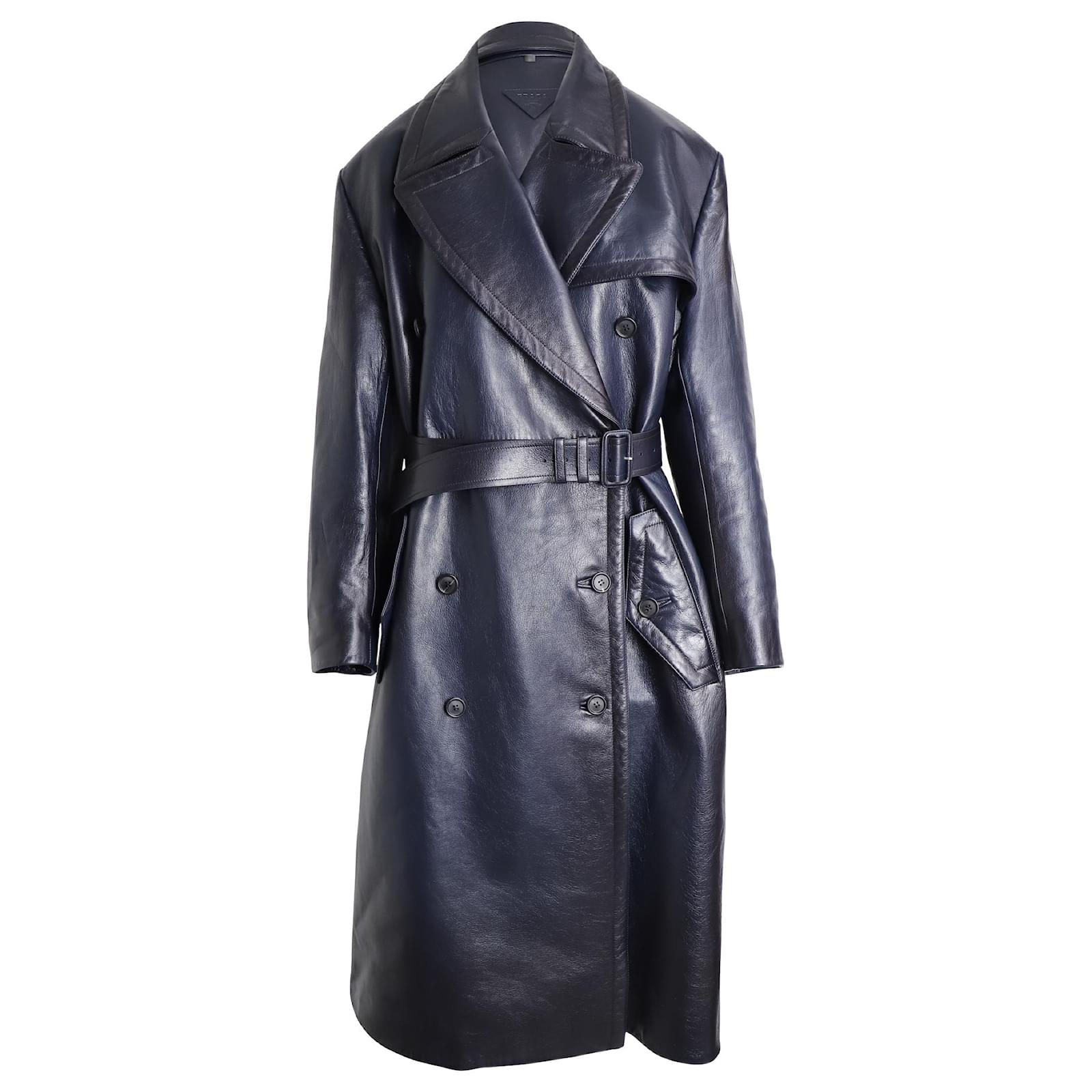 Prada Double-Breasted Trench Coat in Navy Leather Navy blue