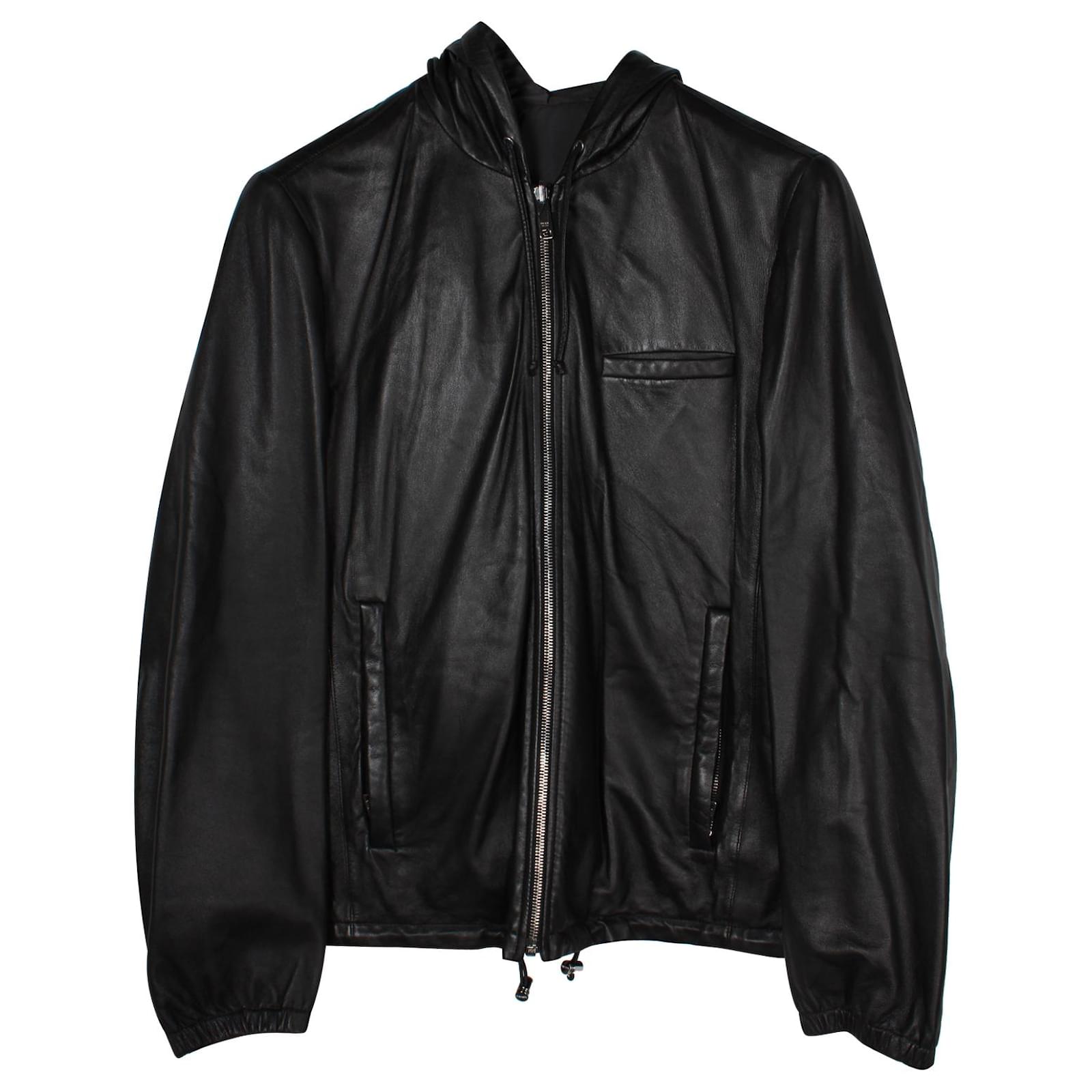 Prada Reversible Zip Front Hooded Jacket in Black Lambskin Leather