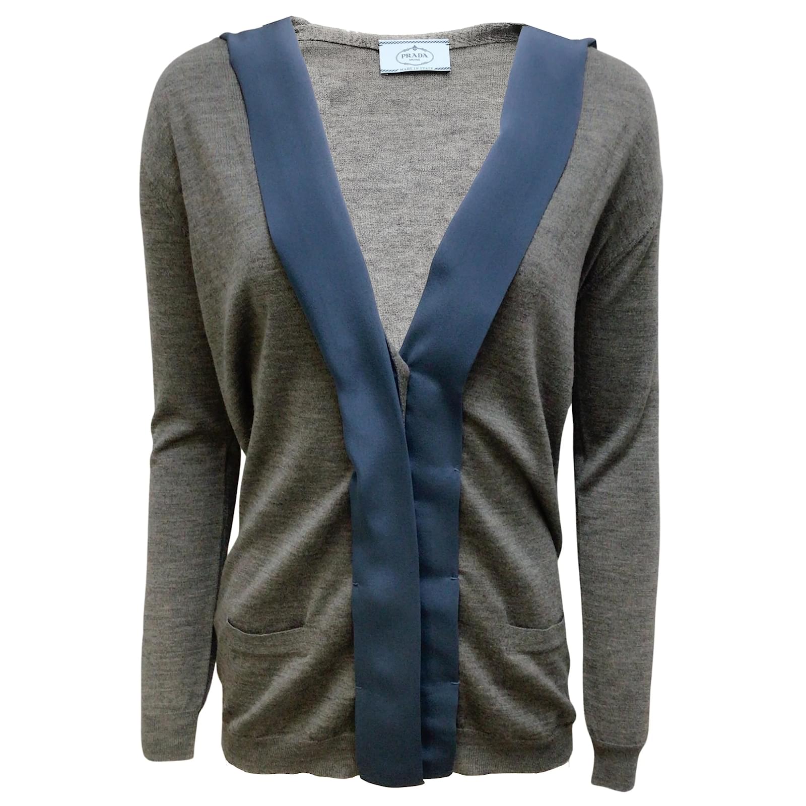 Prada Silk Ribbon Trim Wool and Silk Knit Grey / Teal Sweater ref