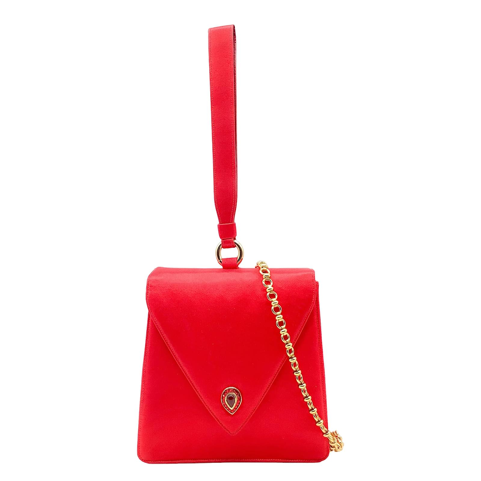 Judith Leiber Slide Lock Crystal Chain Clutch Bag Red