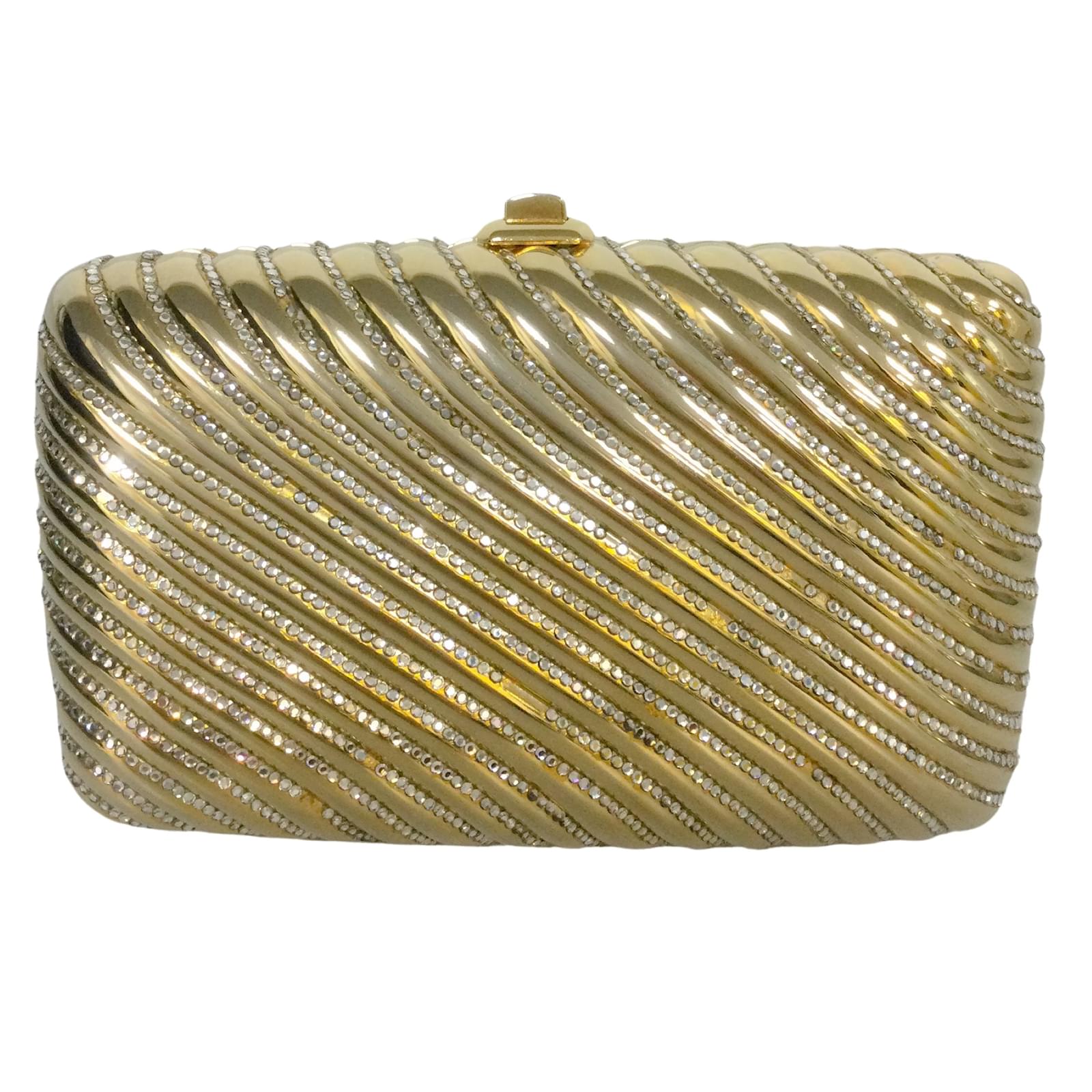 Rhinestone Embellished Clutch Purse Evening Bag with Chain Strap - Gold Iridescent