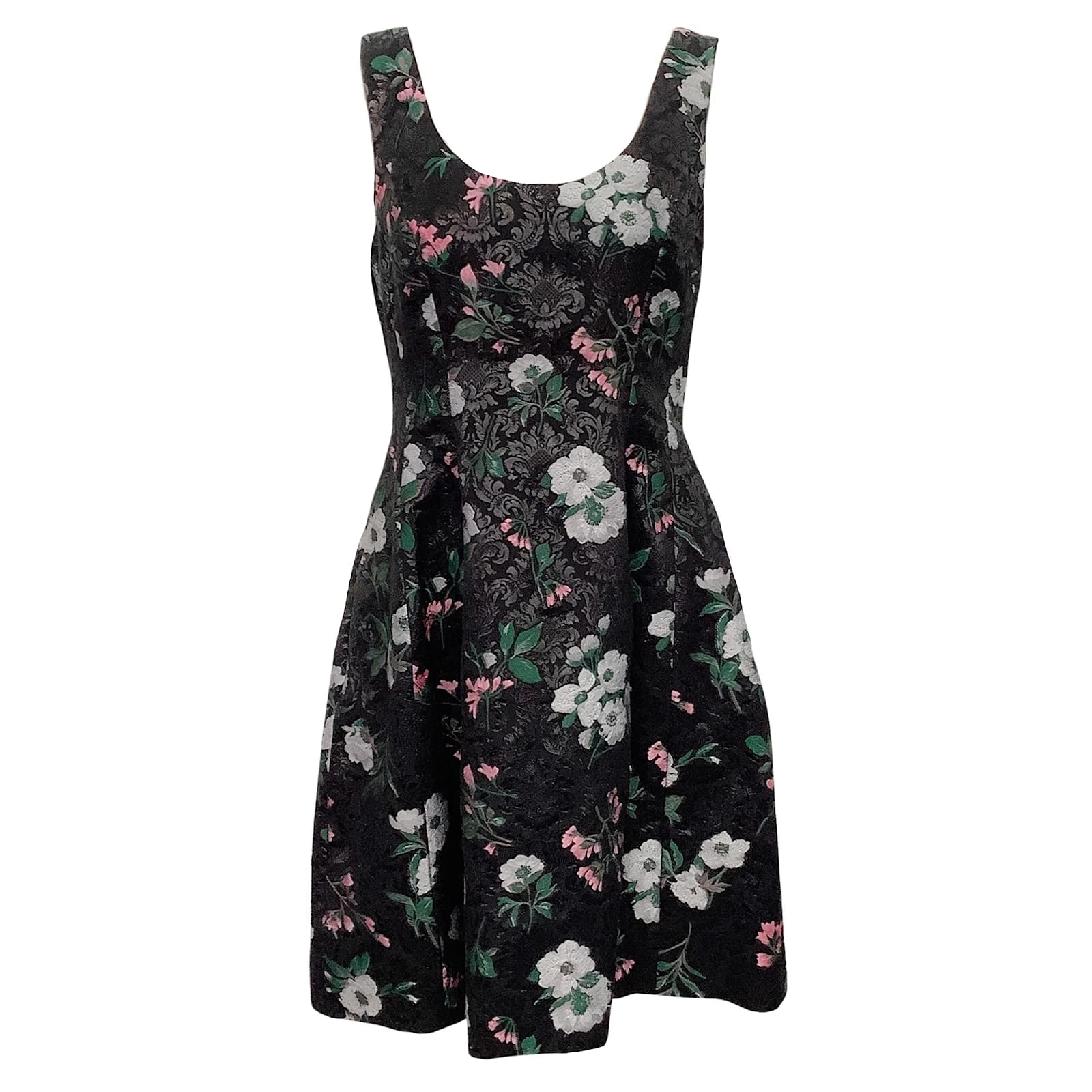 Prabal Gurung Black Multi Floral Sleeveless Brocade Skater Dress