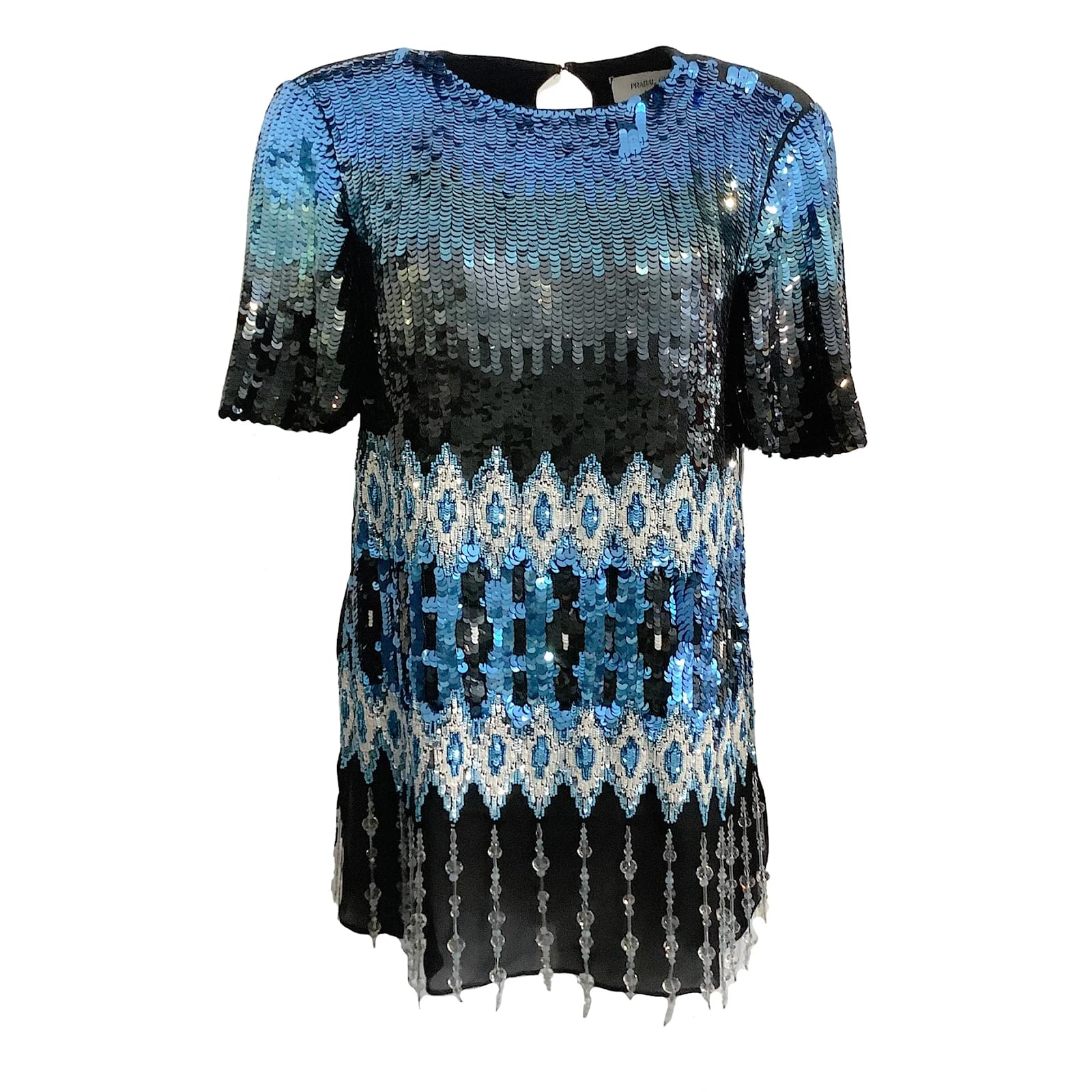 Prabal Gurung Blue Ombre Sequin & Beaded Short-sleeve Blouse