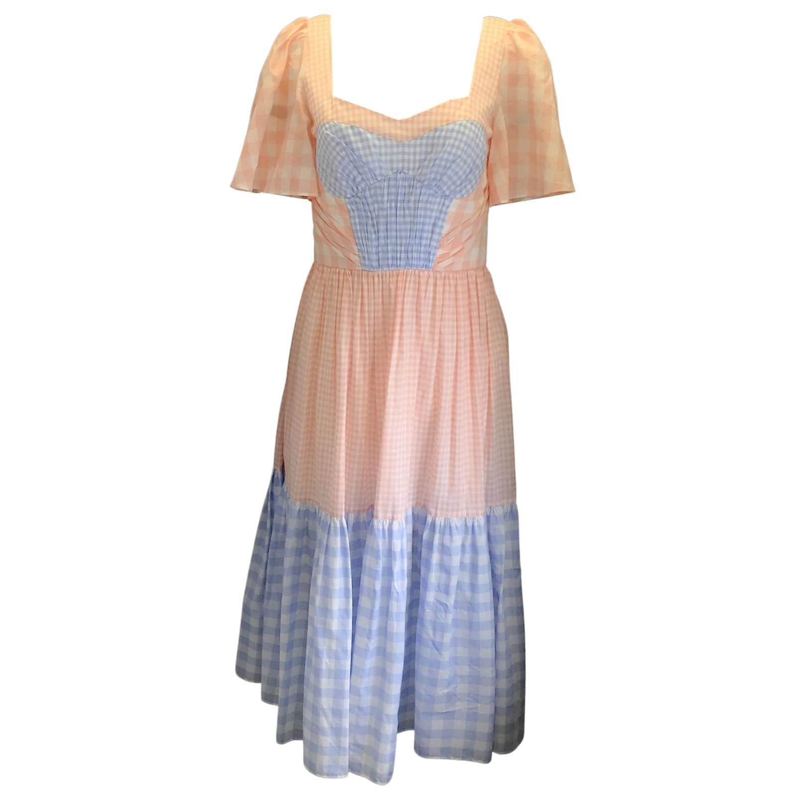 Prabal Gurung Pink Blue Short Sleeved Gingham Midi Dress Cotton