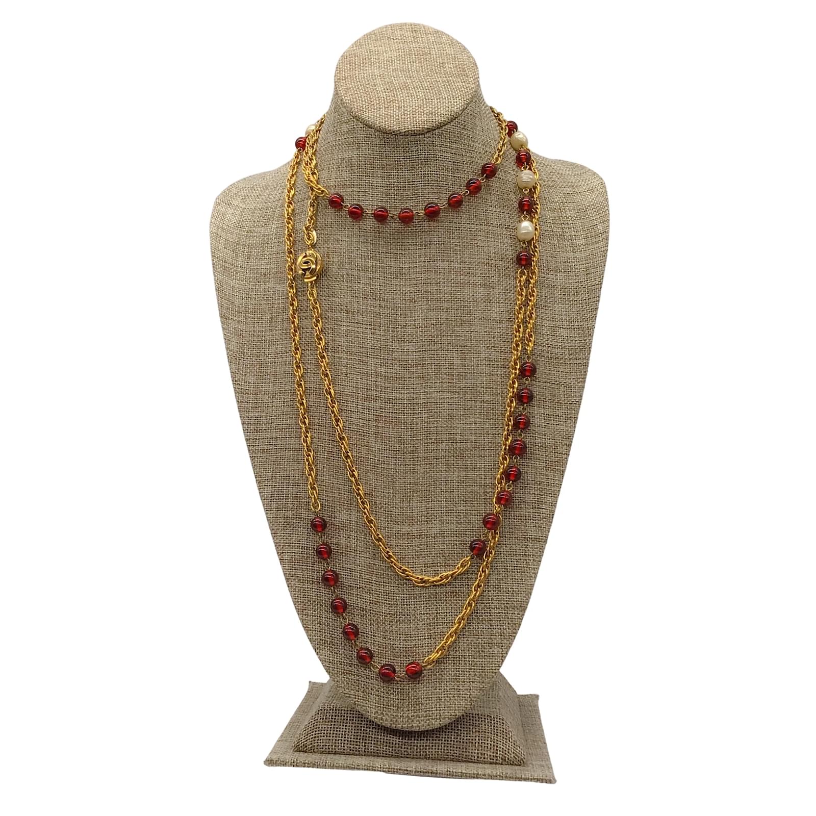 Necklaces Chanel Chanel Vintage 1984 Red / Gold / Faux Pearl Gripoix Baroque Necklace