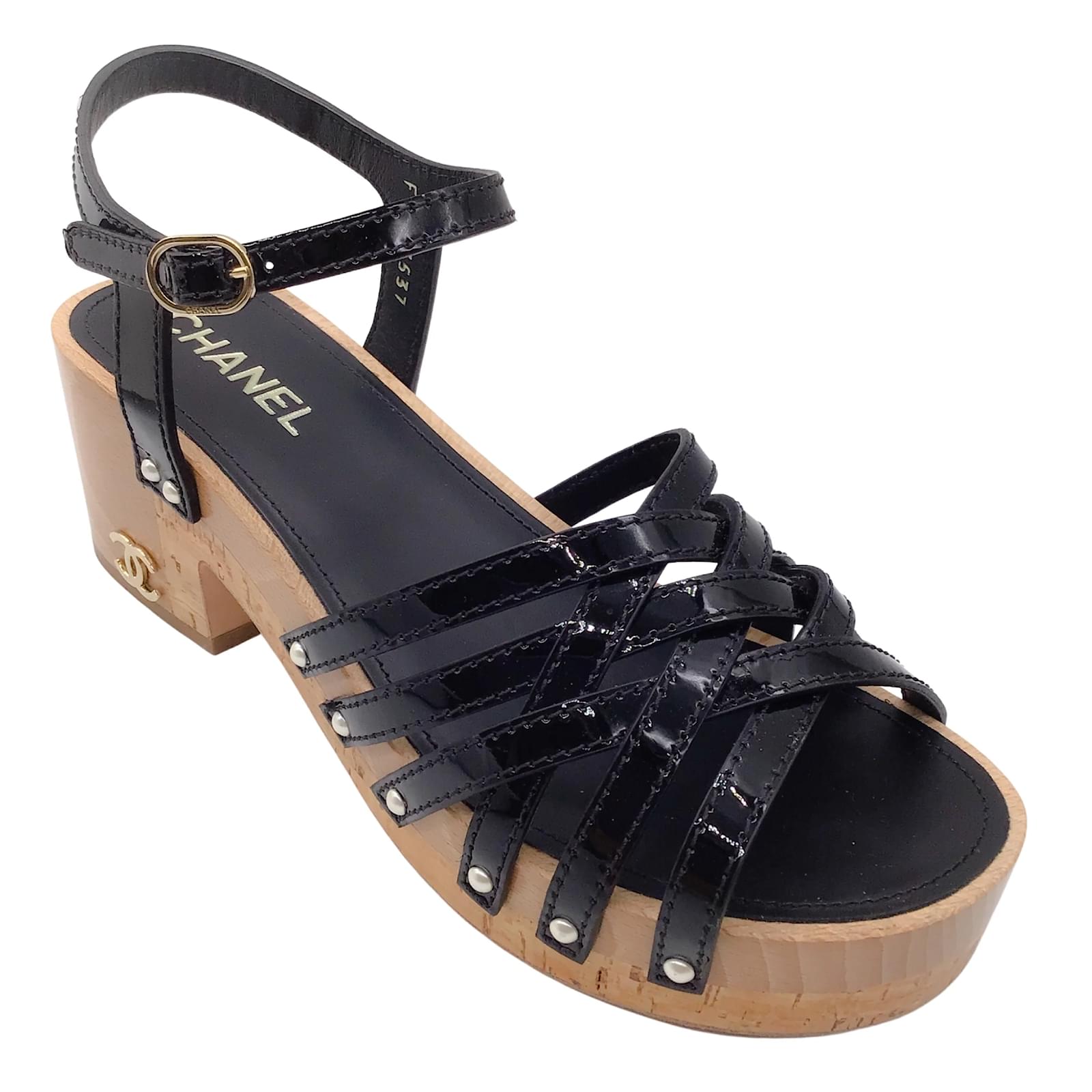 Sandals Chanel Chanel Black / Gold CC Logo Patent Leather Wood and Cork Heel Sandals