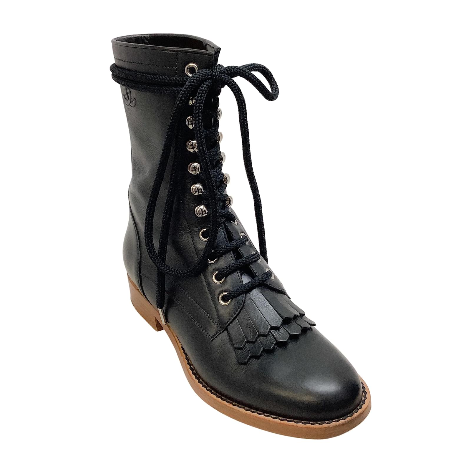 Ankle Boots Chanel Chanel Black Leather Combat with Brogue Detail Boots/Booties
