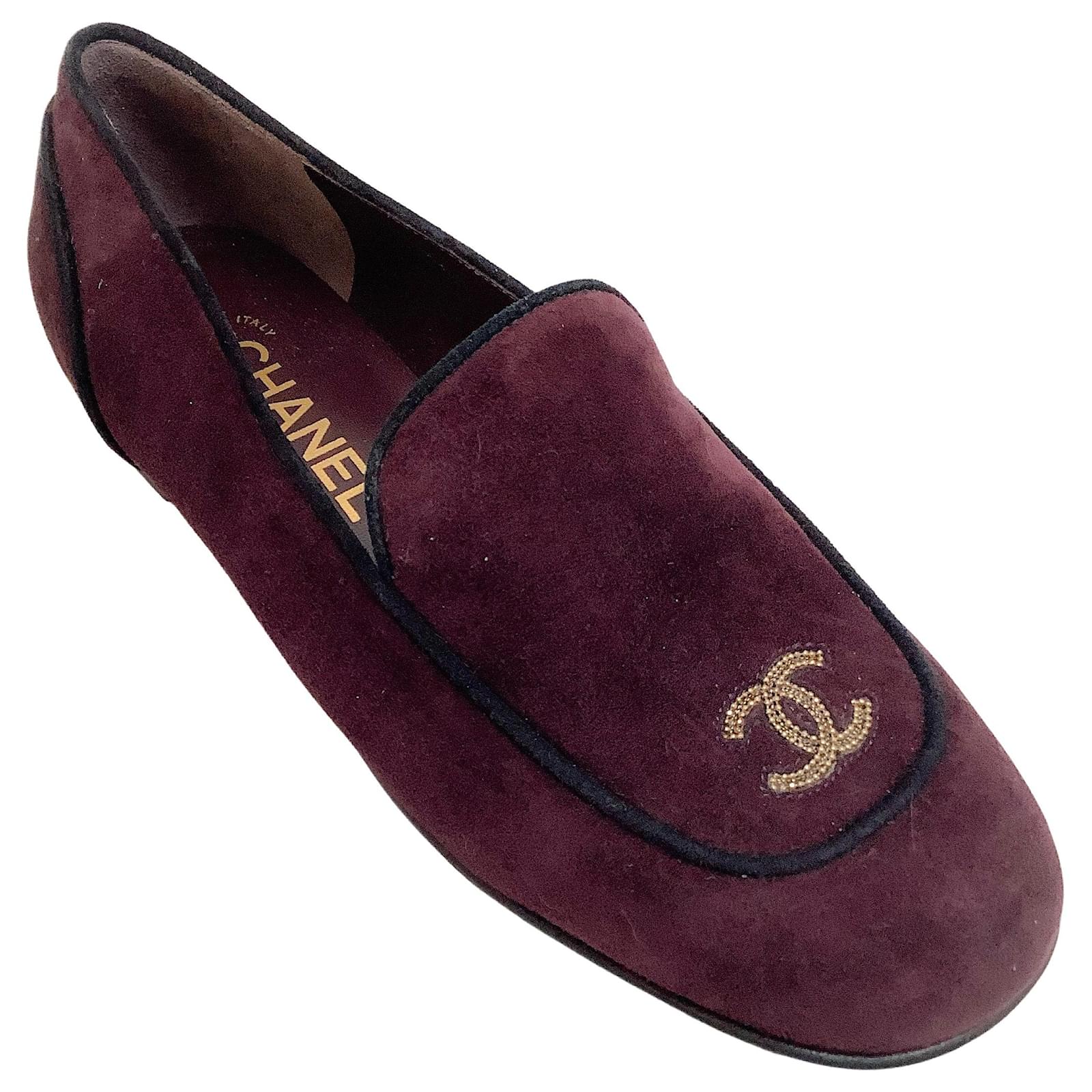 Ballet Flats Chanel Chanel Burgundy Suede Loafers with Gold Embroidered Logo