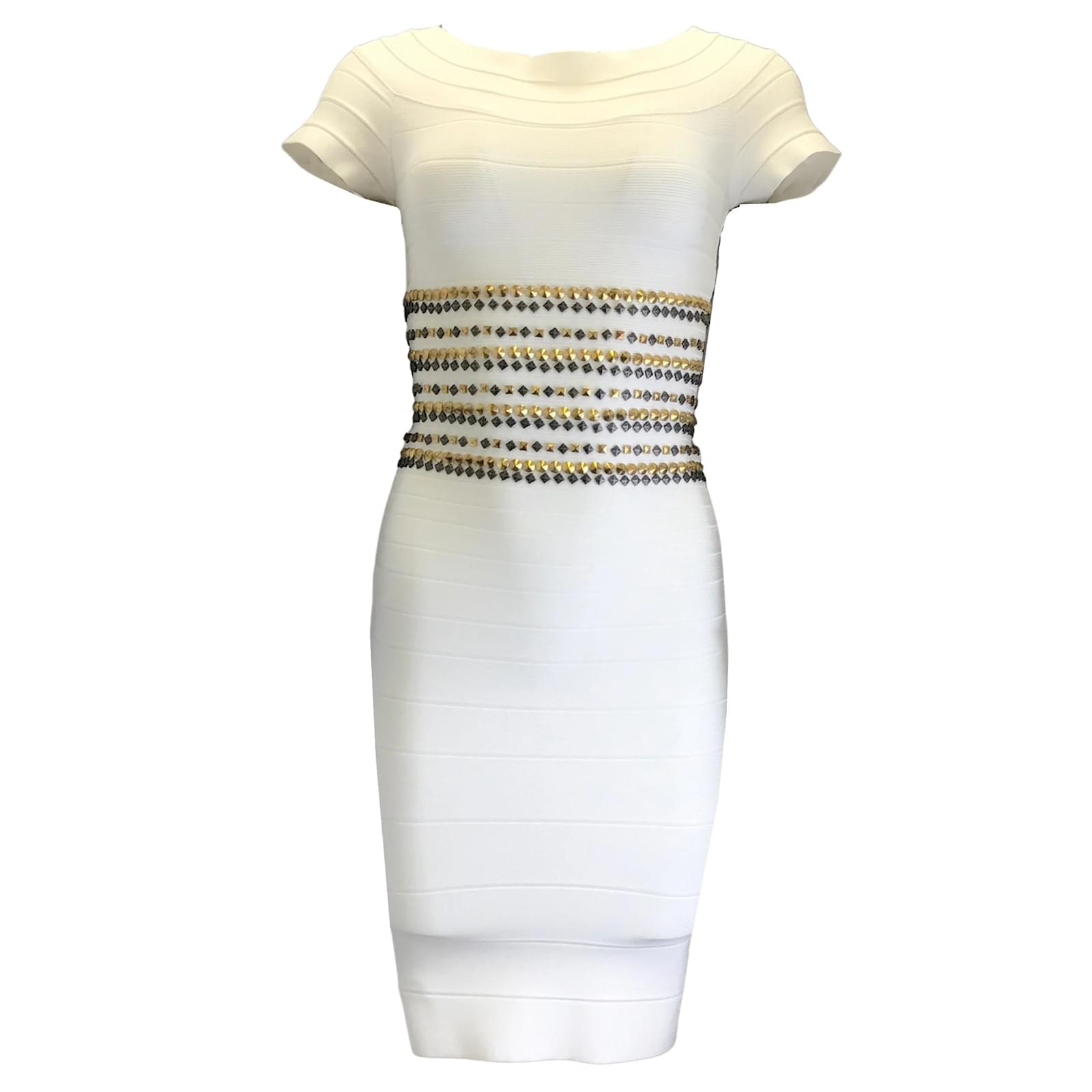 Herve Leger Ivory / silver / Gold Carmen Studded Short Sleeved Fitted Bandage Dress in Alabaster Cream Viscose ref.JC938690 (Sold) - Joli Closet Herve Leger Ivory / silver / Gold Carmen Studded Short Sleeved Fitted Bandage Dress in Alabaster Cream Viscose ref.JC938690 (Sold) - Joli Closet