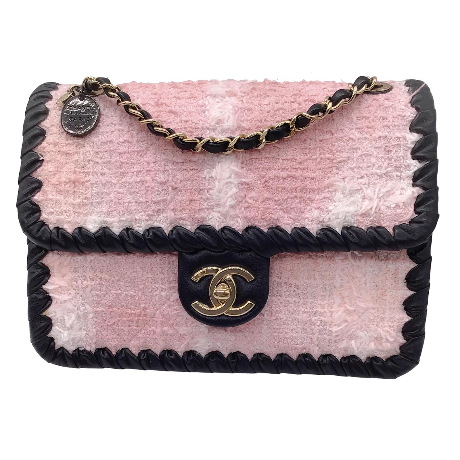 Chanel Rosa Bolso My Own Frame negro con solapa de tweed