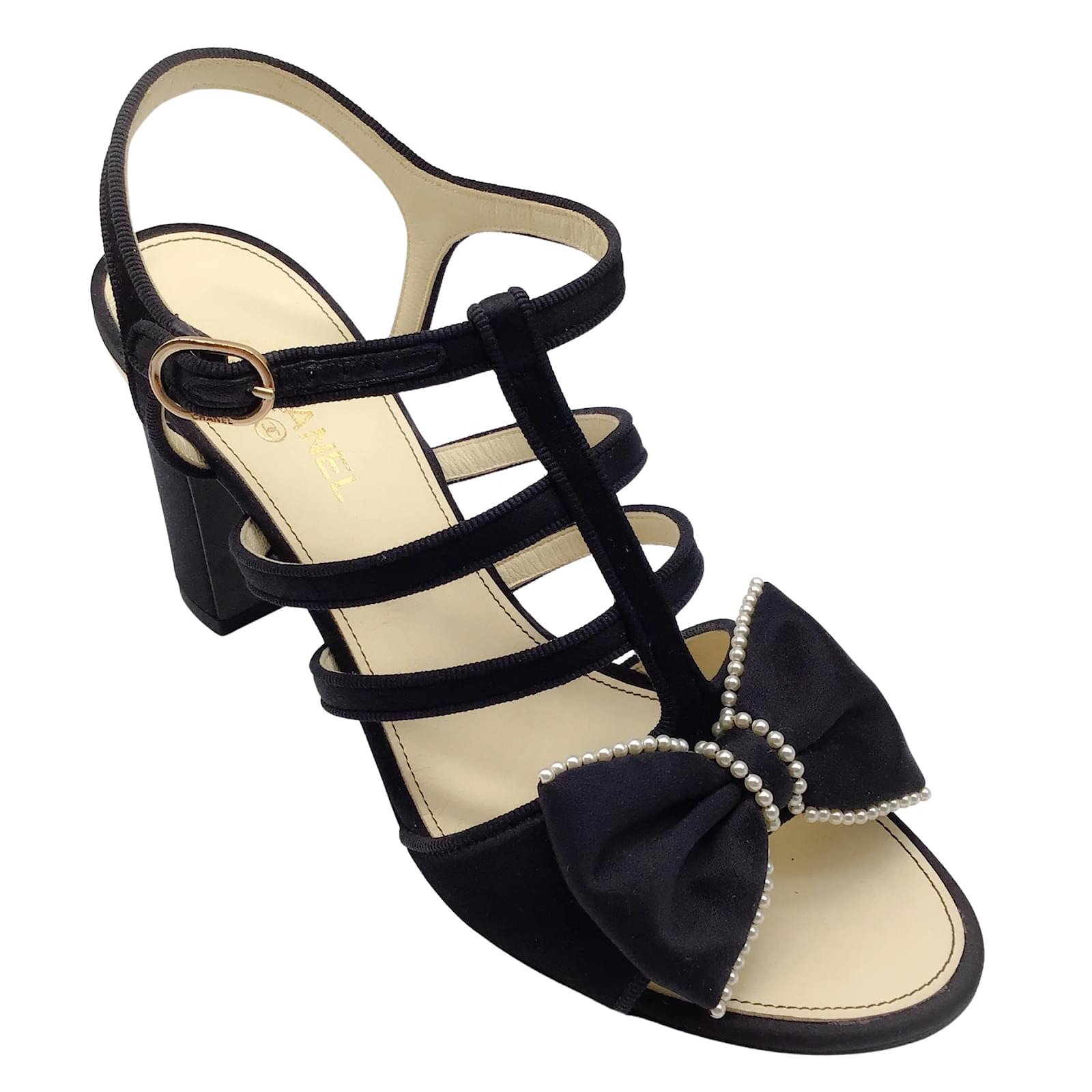 Sandals Chanel Chanel Black Pearl Embellished Bow Detail Satin Sandals