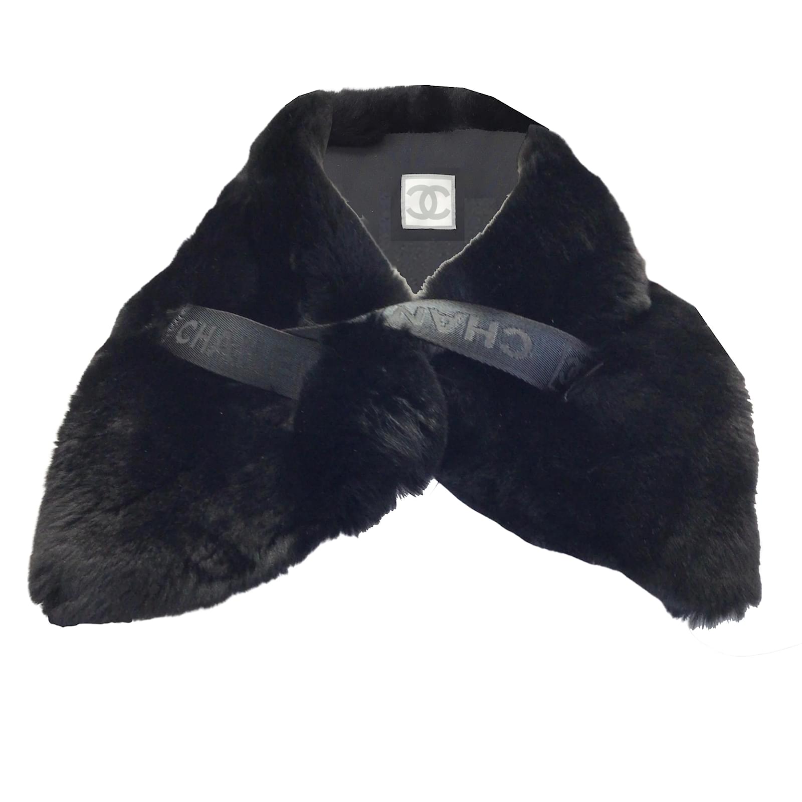 Silk Scarves Chanel Chanel Black Rex Rabbit Fur Collar / Scarf