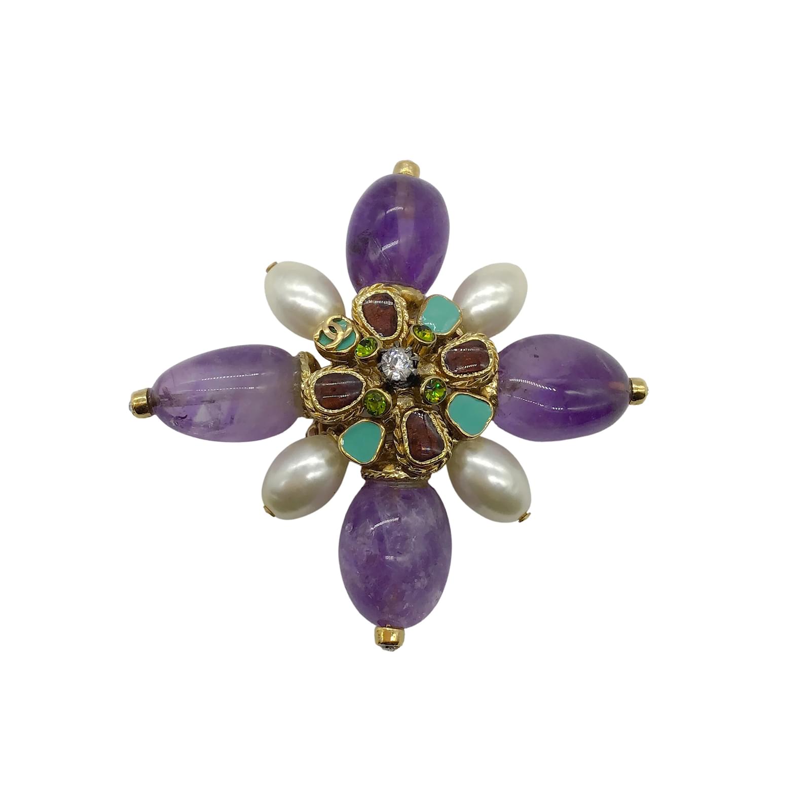 Pins & Brooches Chanel Chanel Gold Spring 2005 Amethyst & Pearl Multi Stone/Crystals Brooch