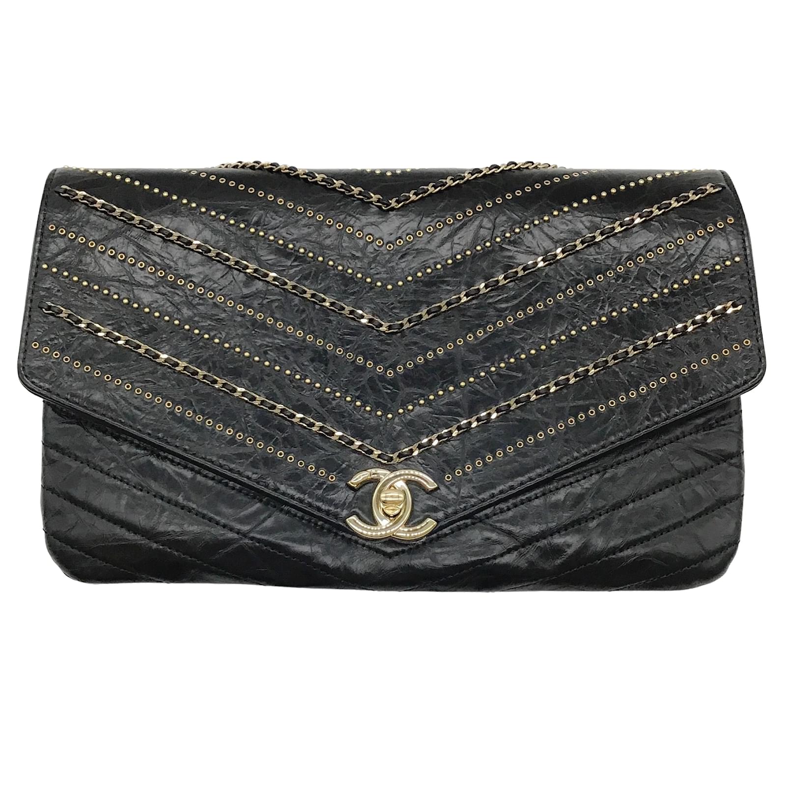 Handbags Chanel Chanel 2018 Black Leather Clutch with Gold Chain Detail