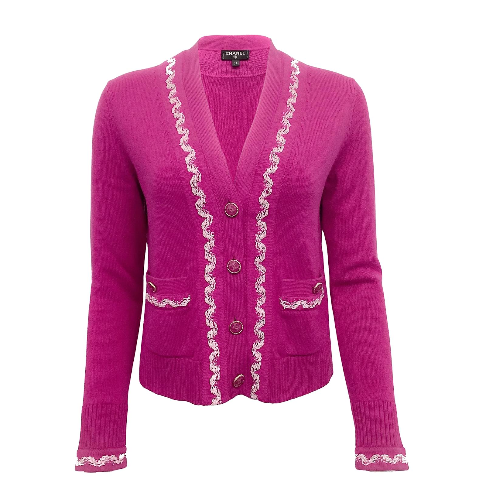 Chanel 2021 Cashmere V Neck Cardigan Fuchsia / White Sweater Pink  ref.938920 - Joli Closet