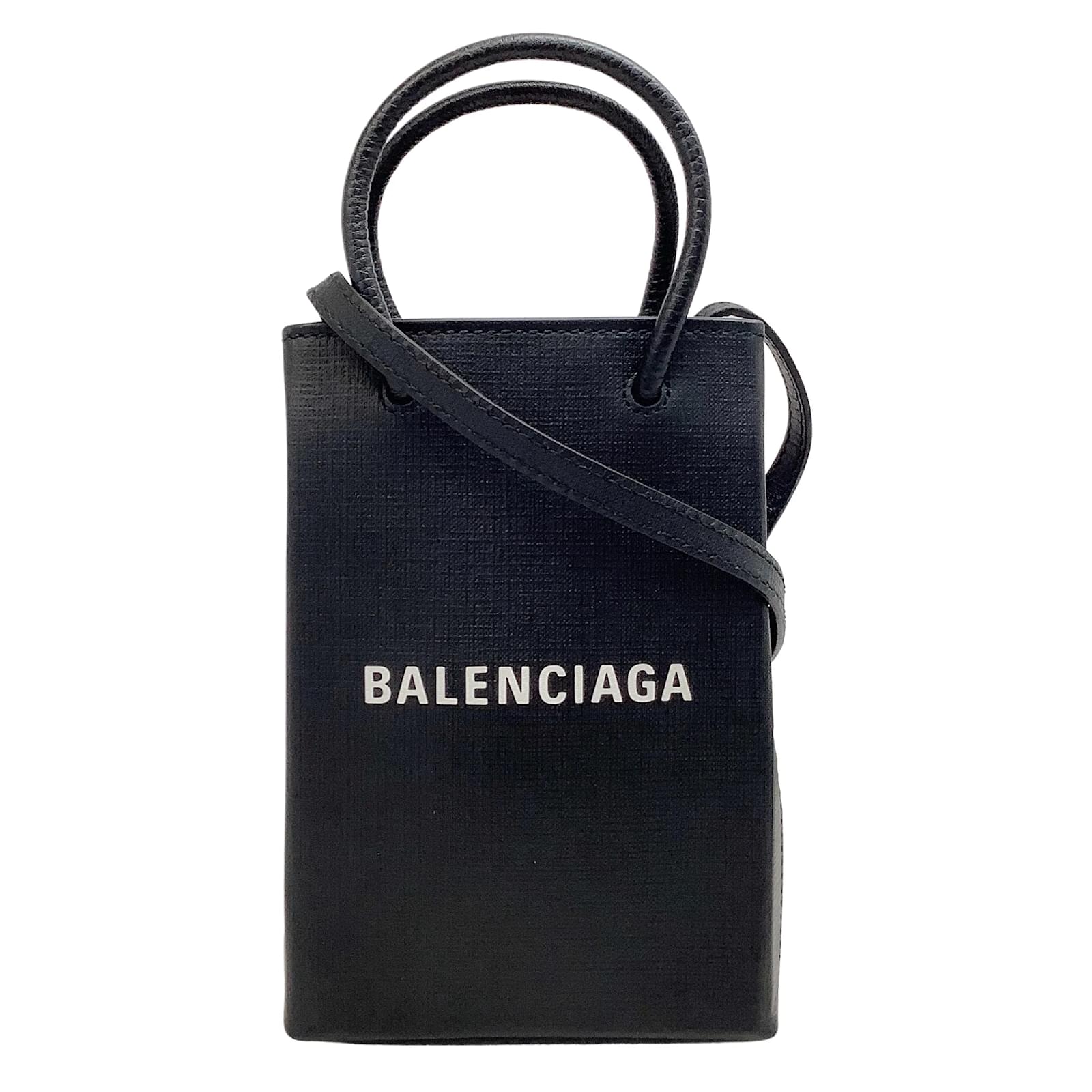 Balenciaga Black Mini Shopping Phone Holder Crossbody Bag Leather