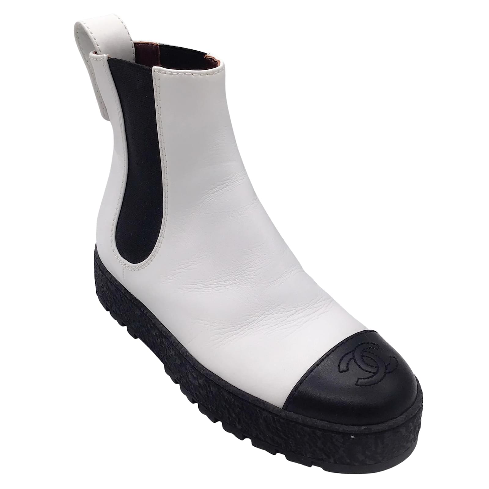 Chanel white boots black sales toe