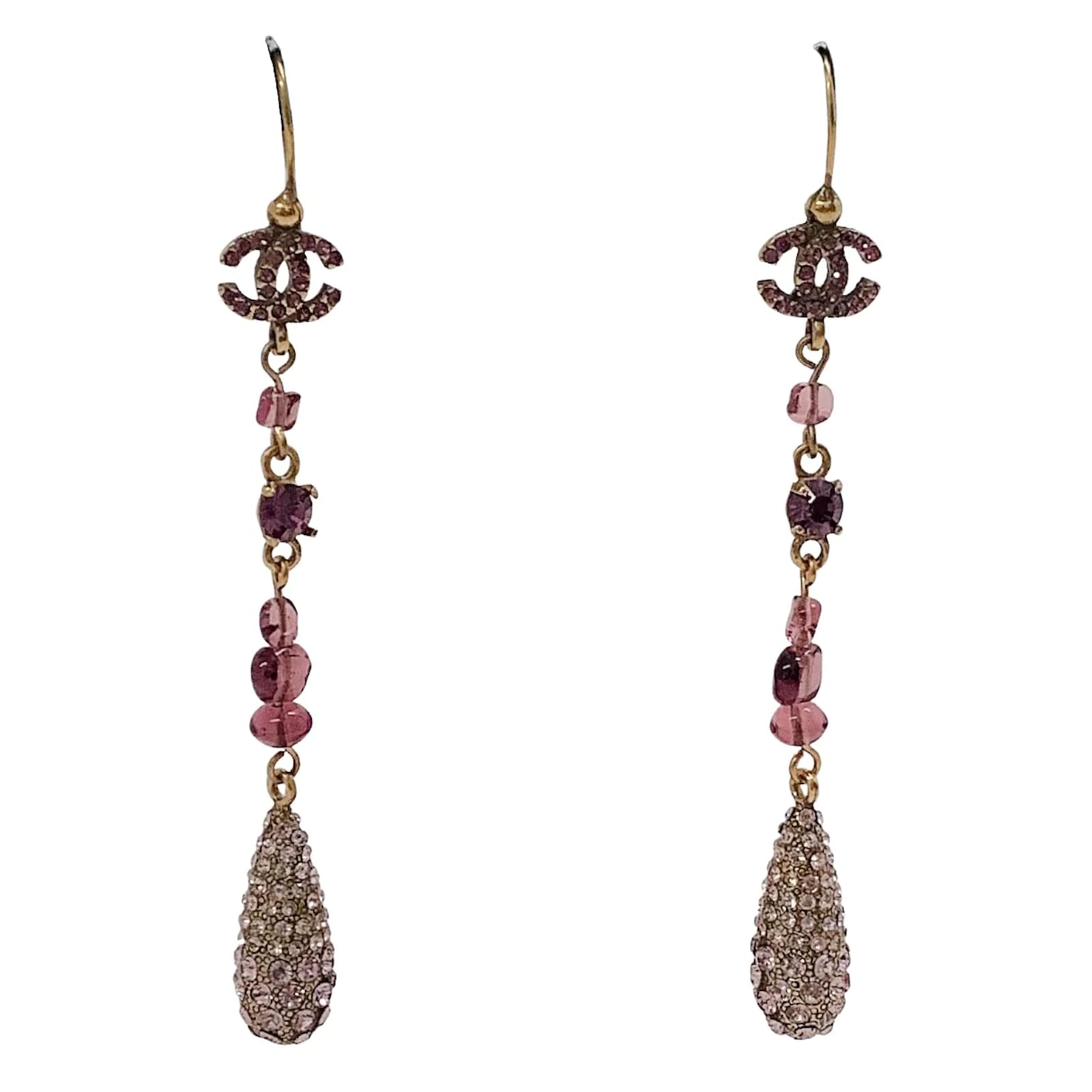 Earrings Chanel Chanel Purple / Gold Glass and Crystal Long Dangle Earrings