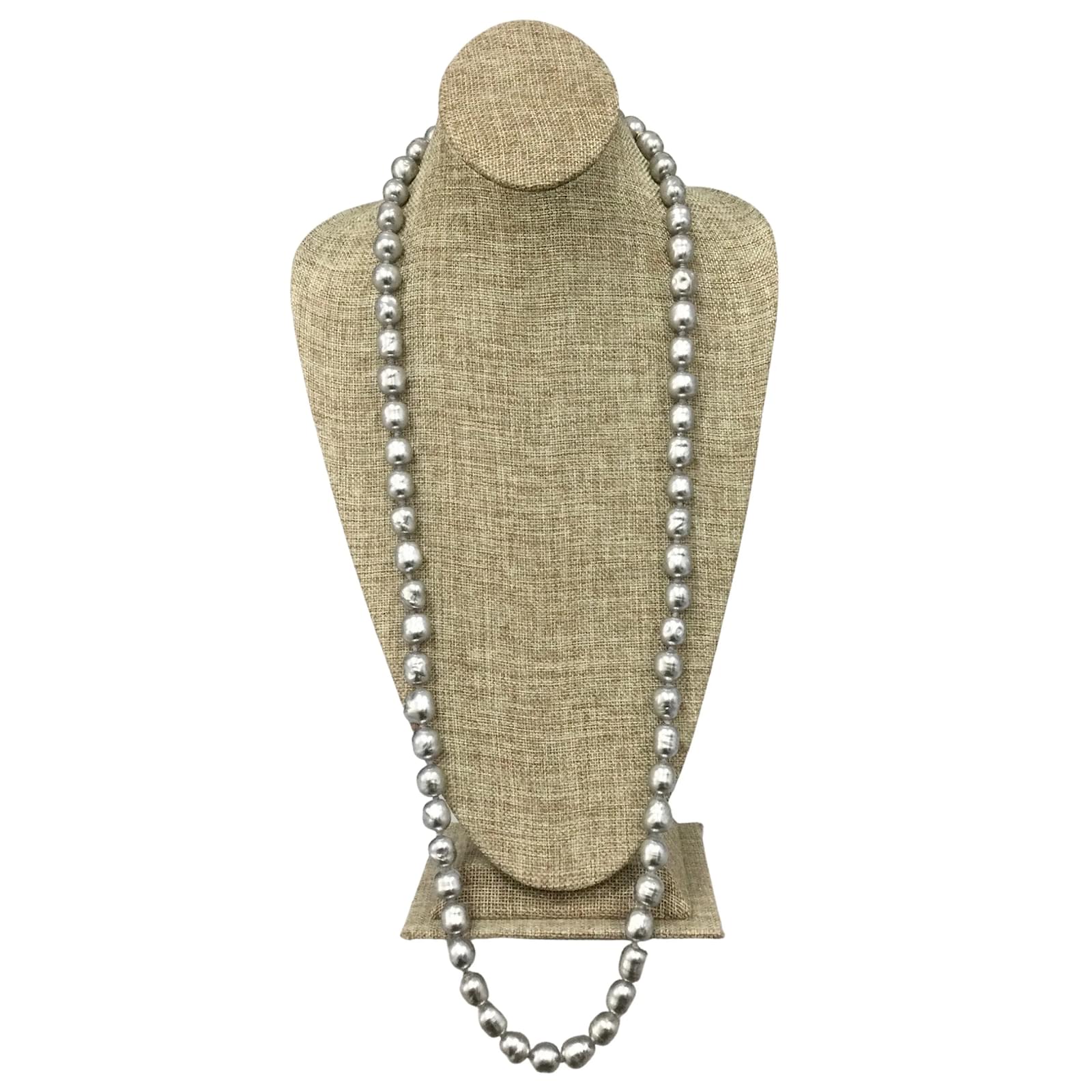 Necklaces Chanel Chanel Silver Metallic Vintage 1981 Chunky Pearl Long Necklace