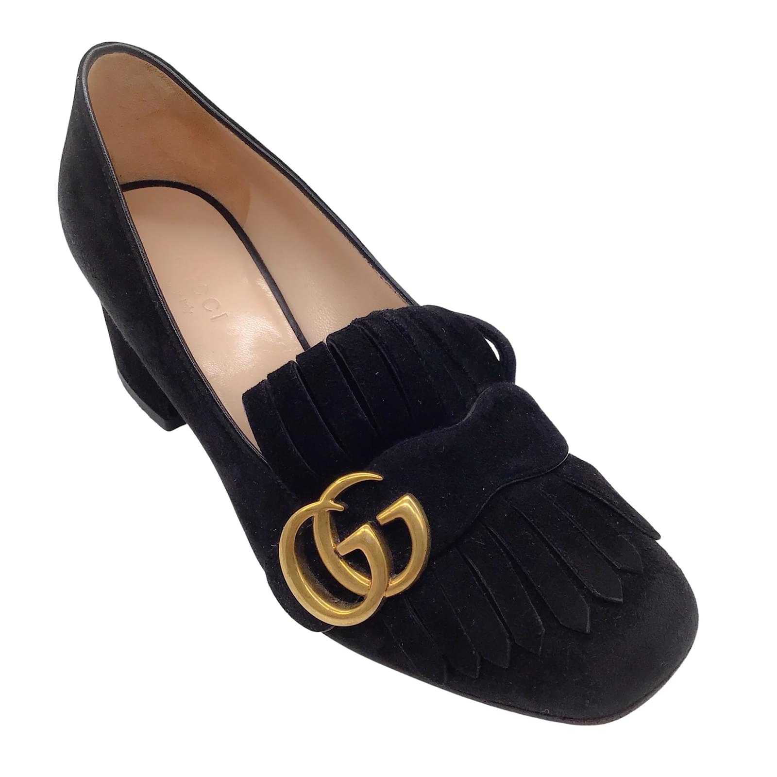 Gucci Black / Antiqued Gold Marmont Fringed GG Mid-Heel Suede Loafer Pumps  ref.939664 - Joli Closet