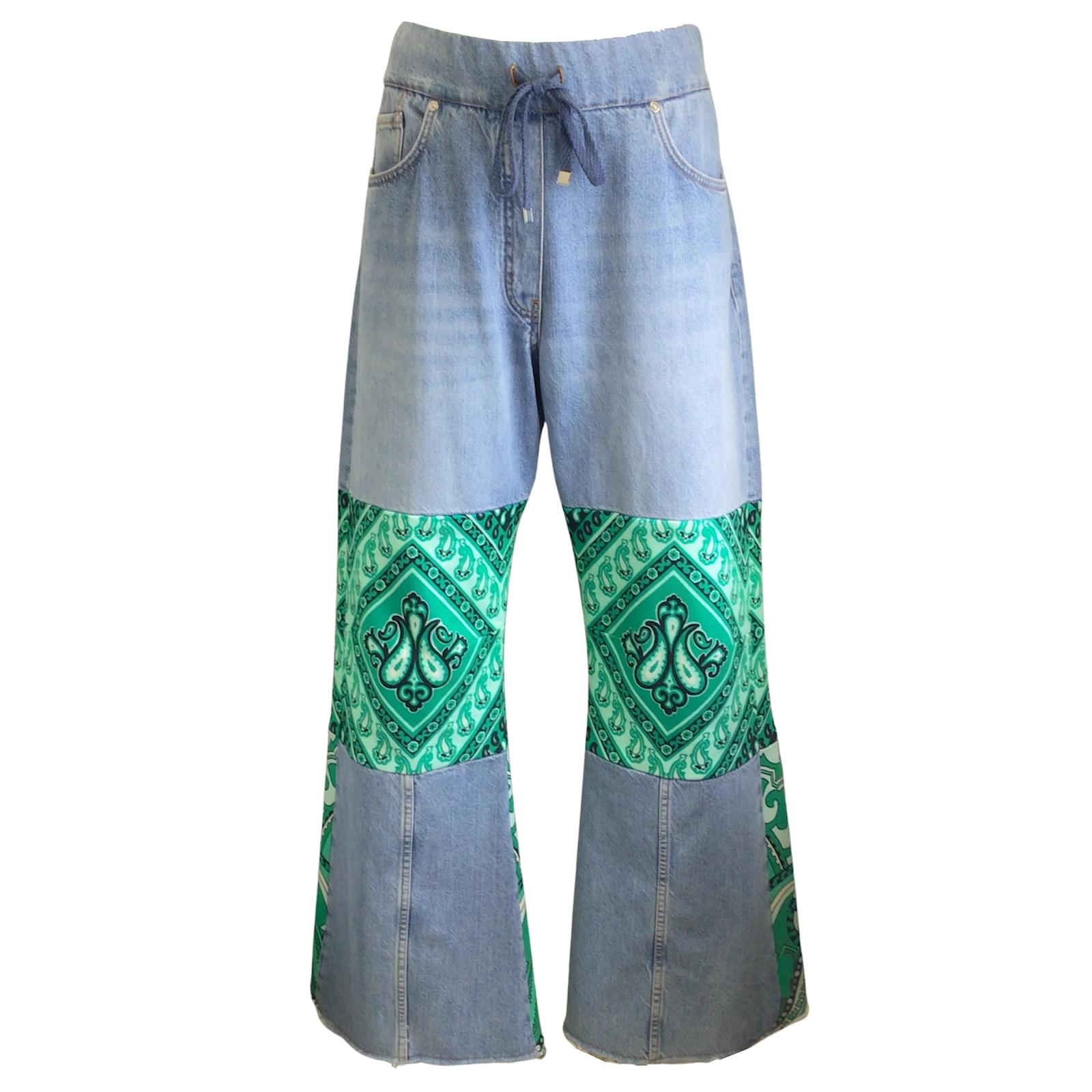 Etro Blue / Green Paisley Paneled Wide-Leg Denim Jeans