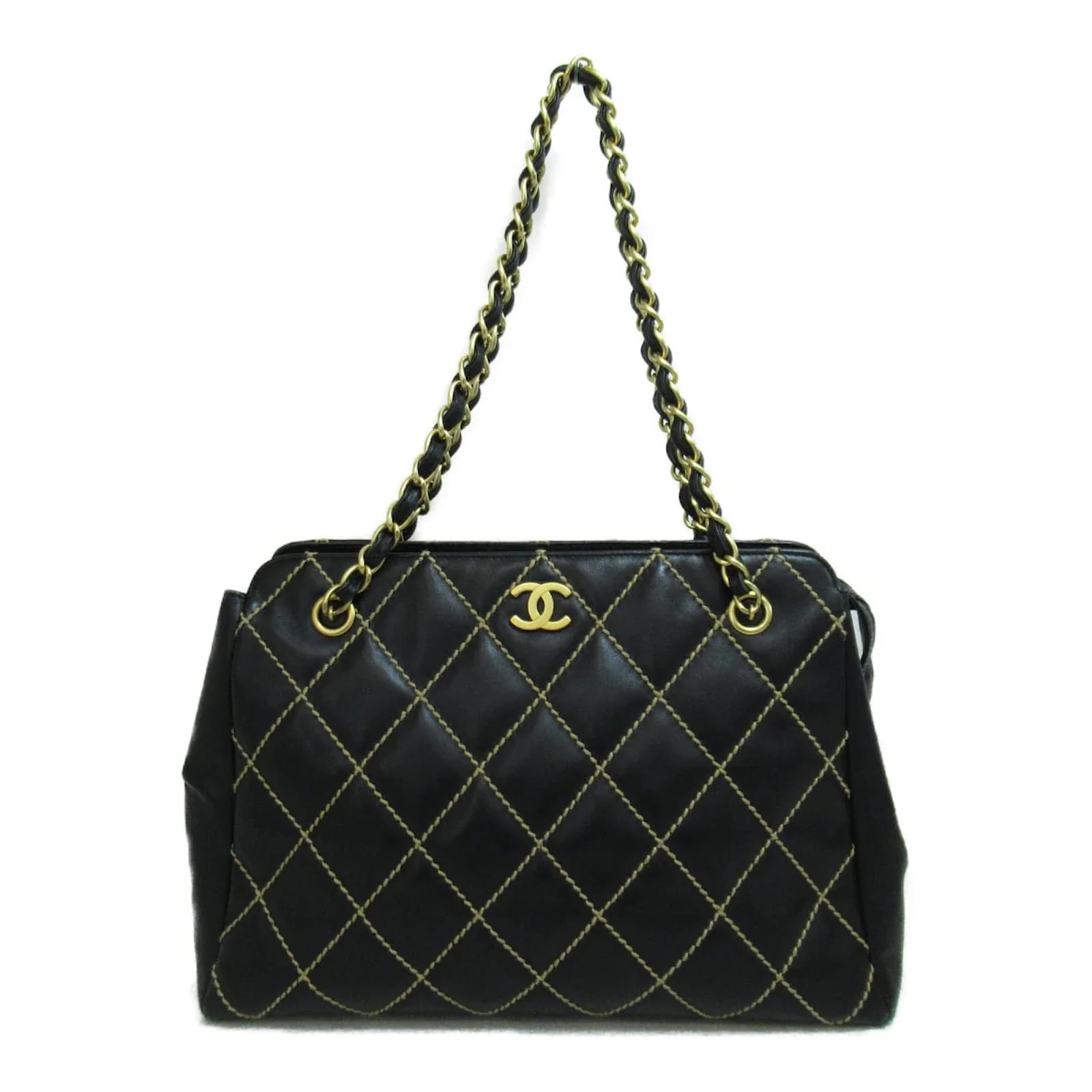 Chanel CC Wild Stitch Chain Shoulder Bag Black Leather Ponystyle