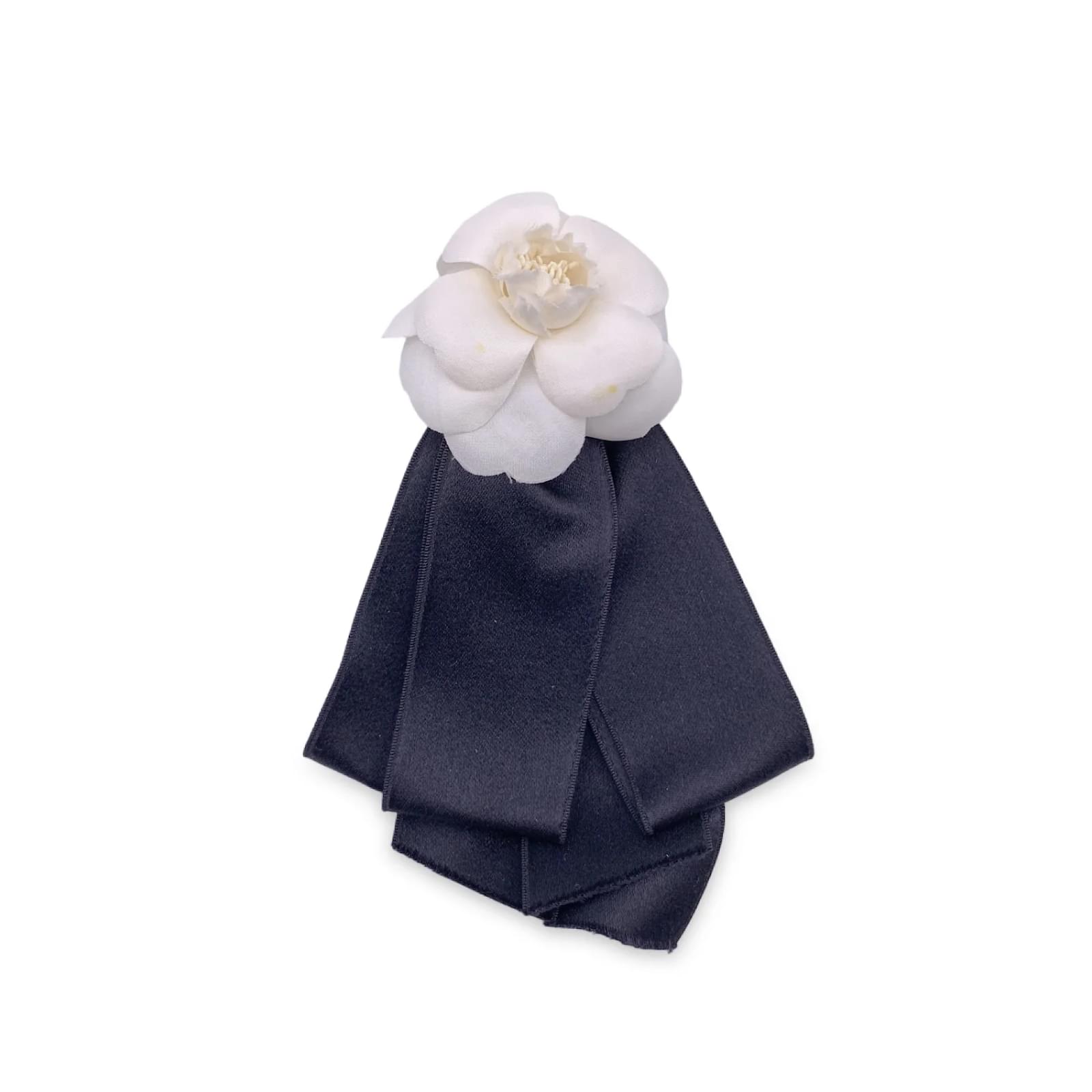 Vintage Black and White Silk Camellia Camelia Bow Brooch