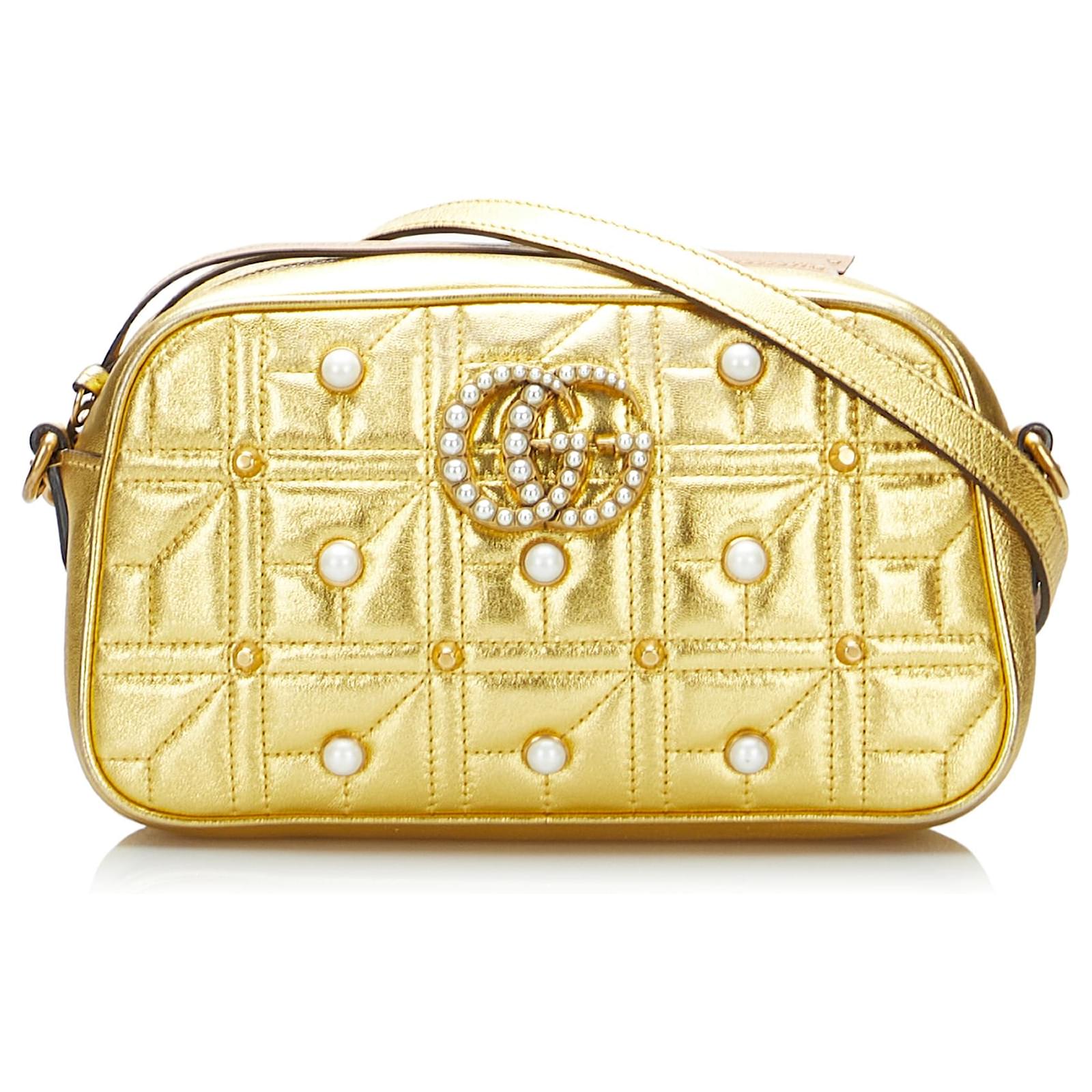 Gucci Gold GG Pearl Studded Leather Marmont Crossbody Bag Golden