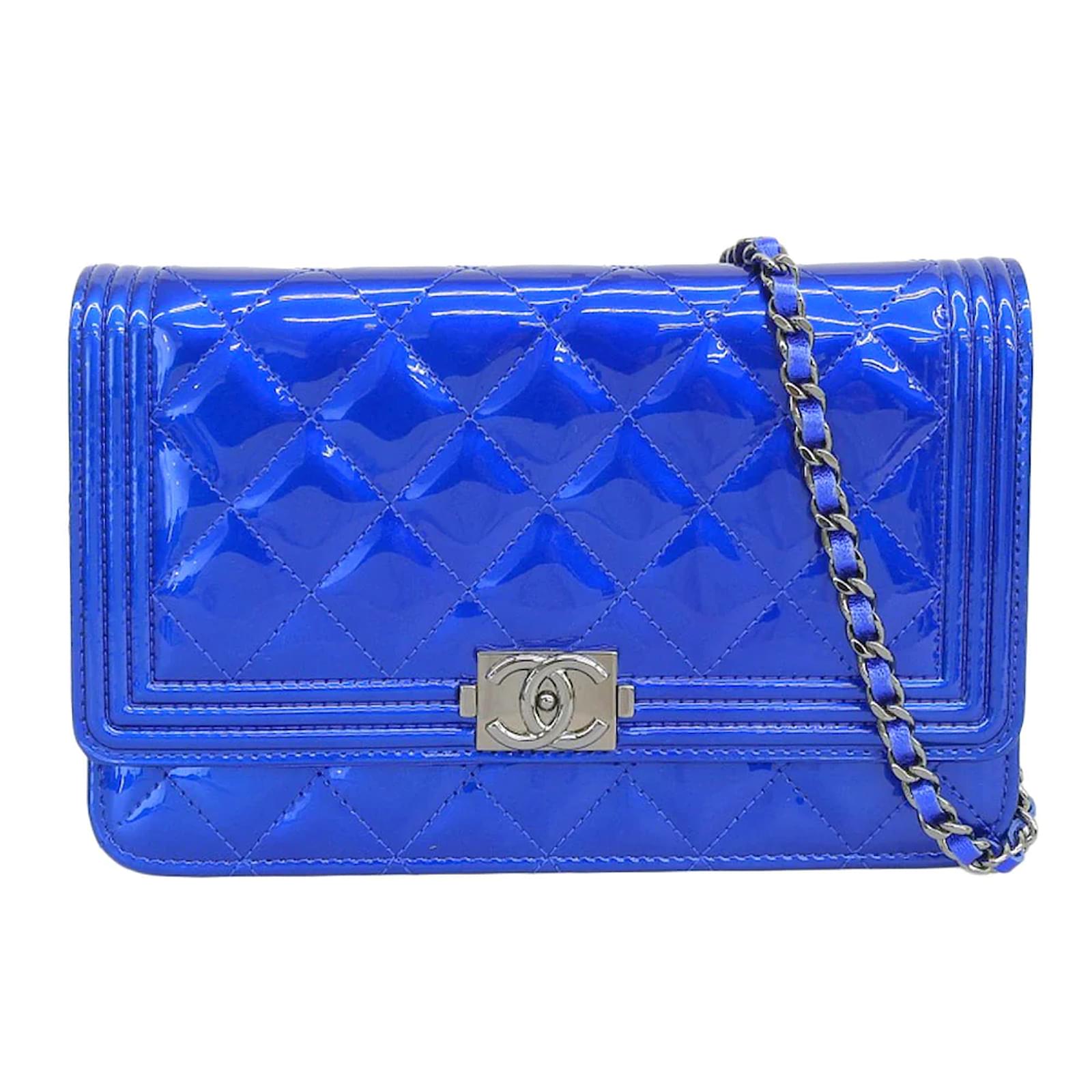 Chanel CC Patent Leather Le Boy Wallet on Chain Blue ref