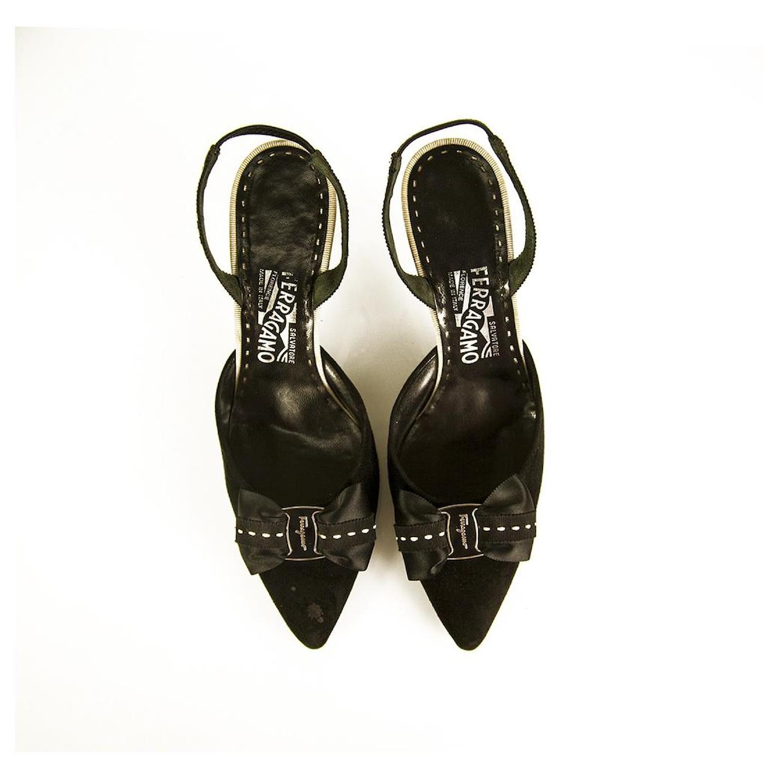 Salvatore Ferragamo Black Suede Pointed Toe Bow Slingback heels
