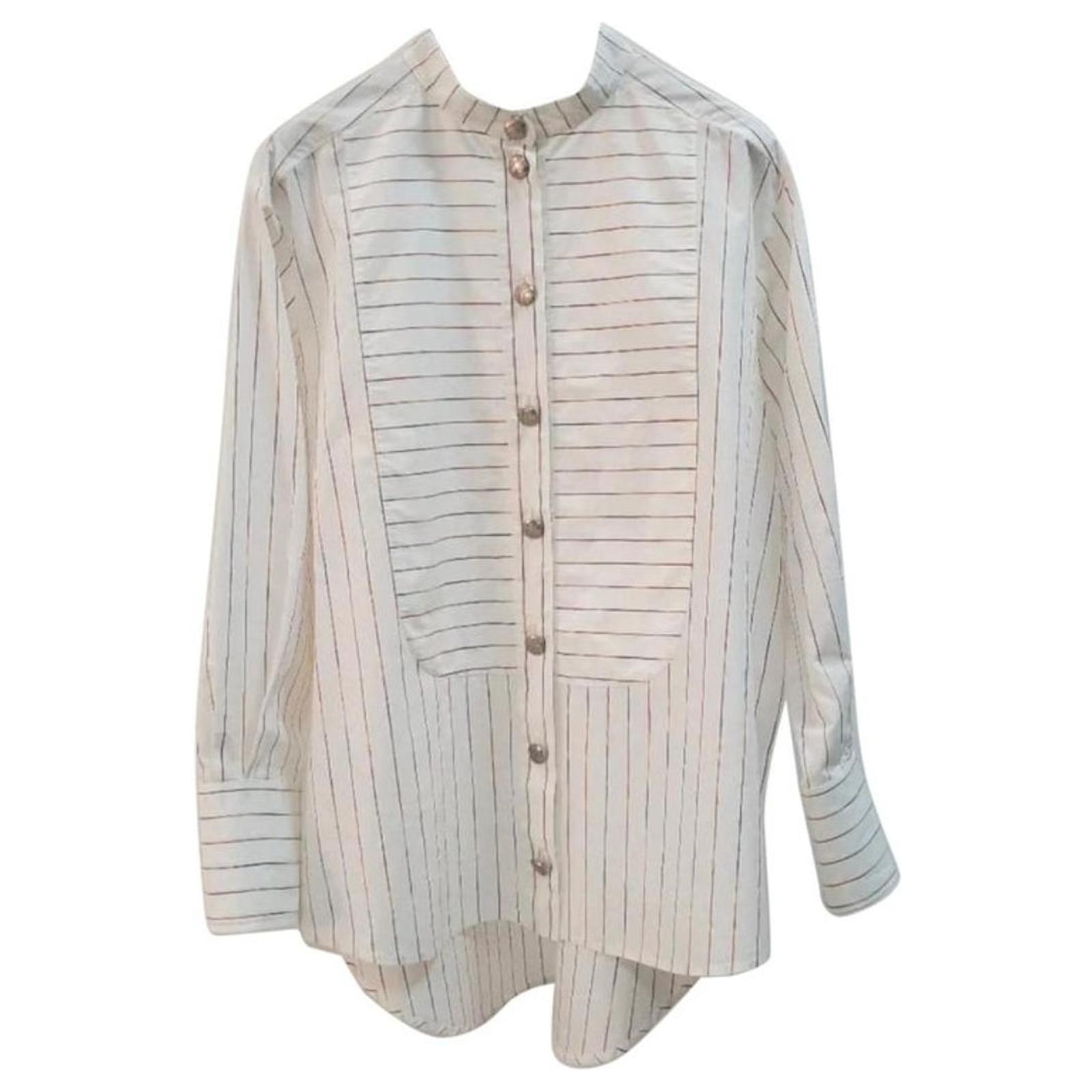 Tops Chanel Chanel White Striped Collarless Shirt Size 38 FR