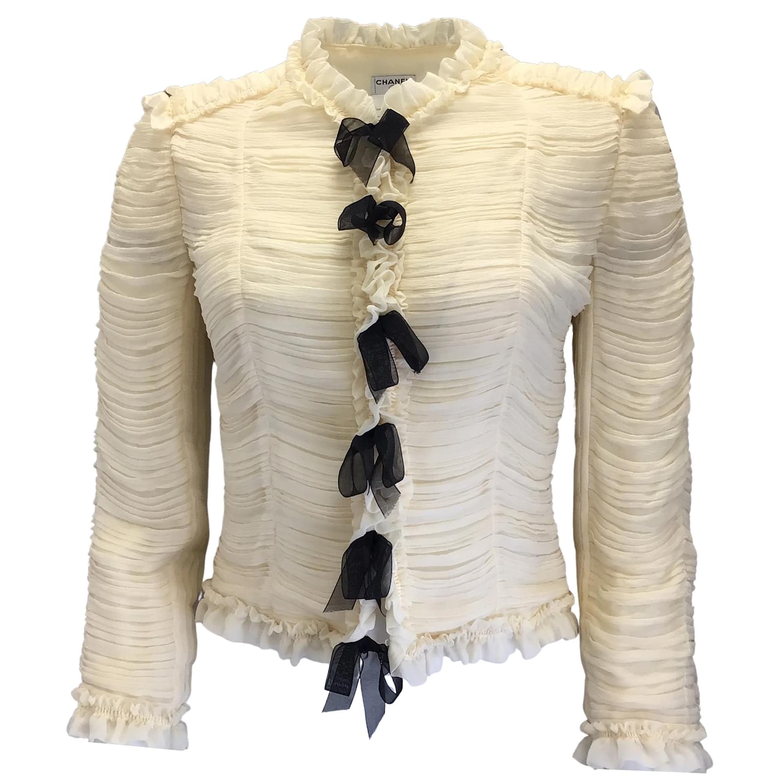 Chanel vintage 2006 ivory / Black Bow Detail Ruched Silk Chiffon Jacket  ref.944950 - Joli Closet