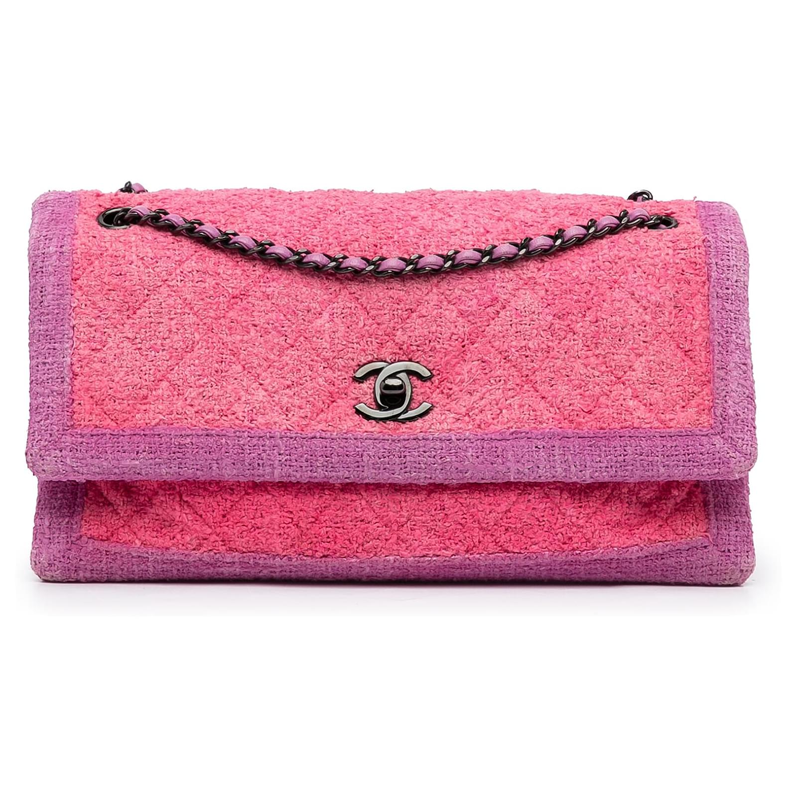 2019 Chanel Pink Tweed Fabric and Pearls Classic Single Flap Bag