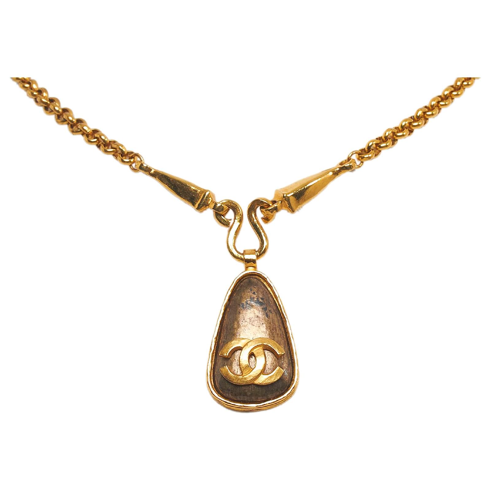 Chanel Gold Teardrop CC Logo Pendant Necklace Golden Metal Gold