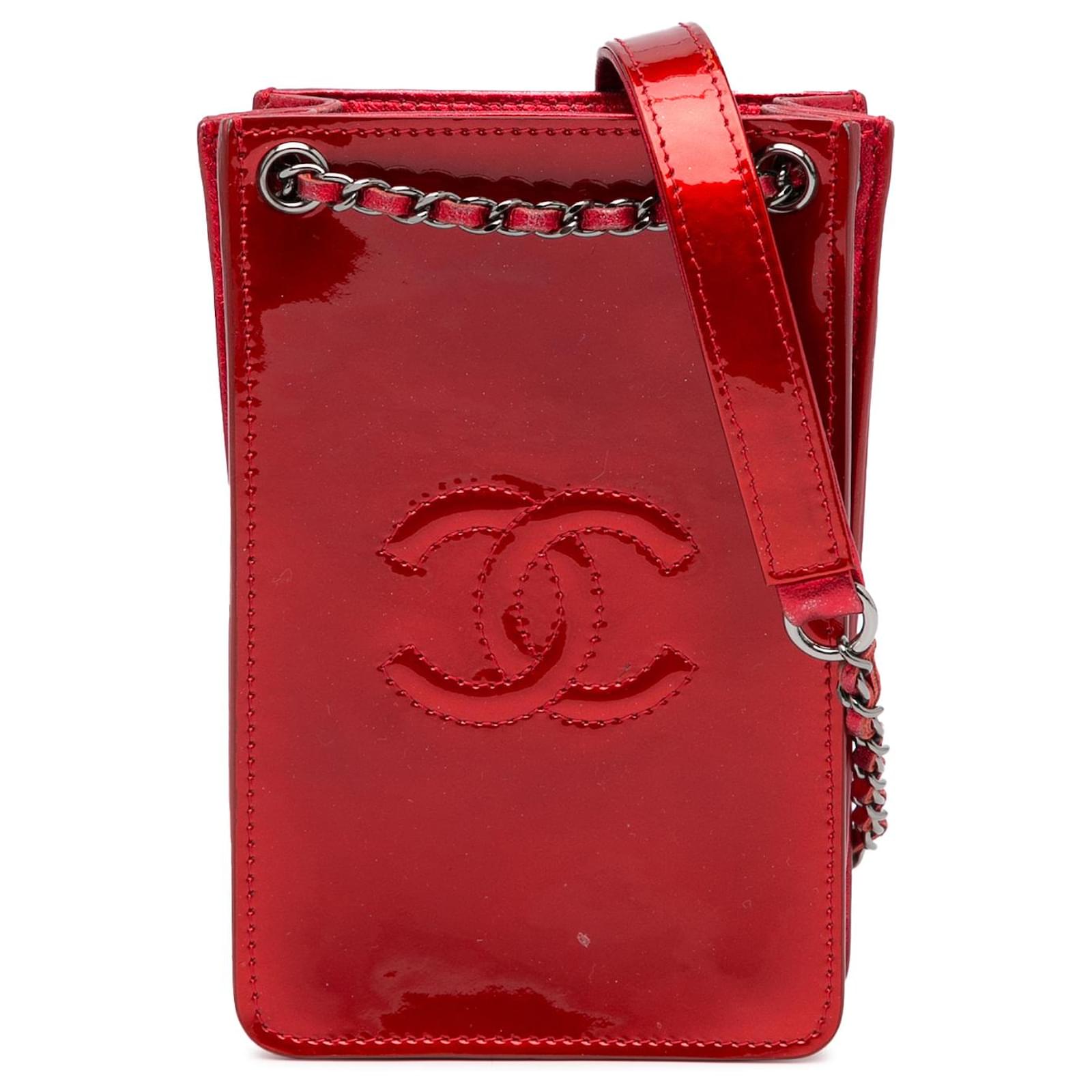Chanel Red CC Phone Holder Chain Crossbody Leather Patent leather