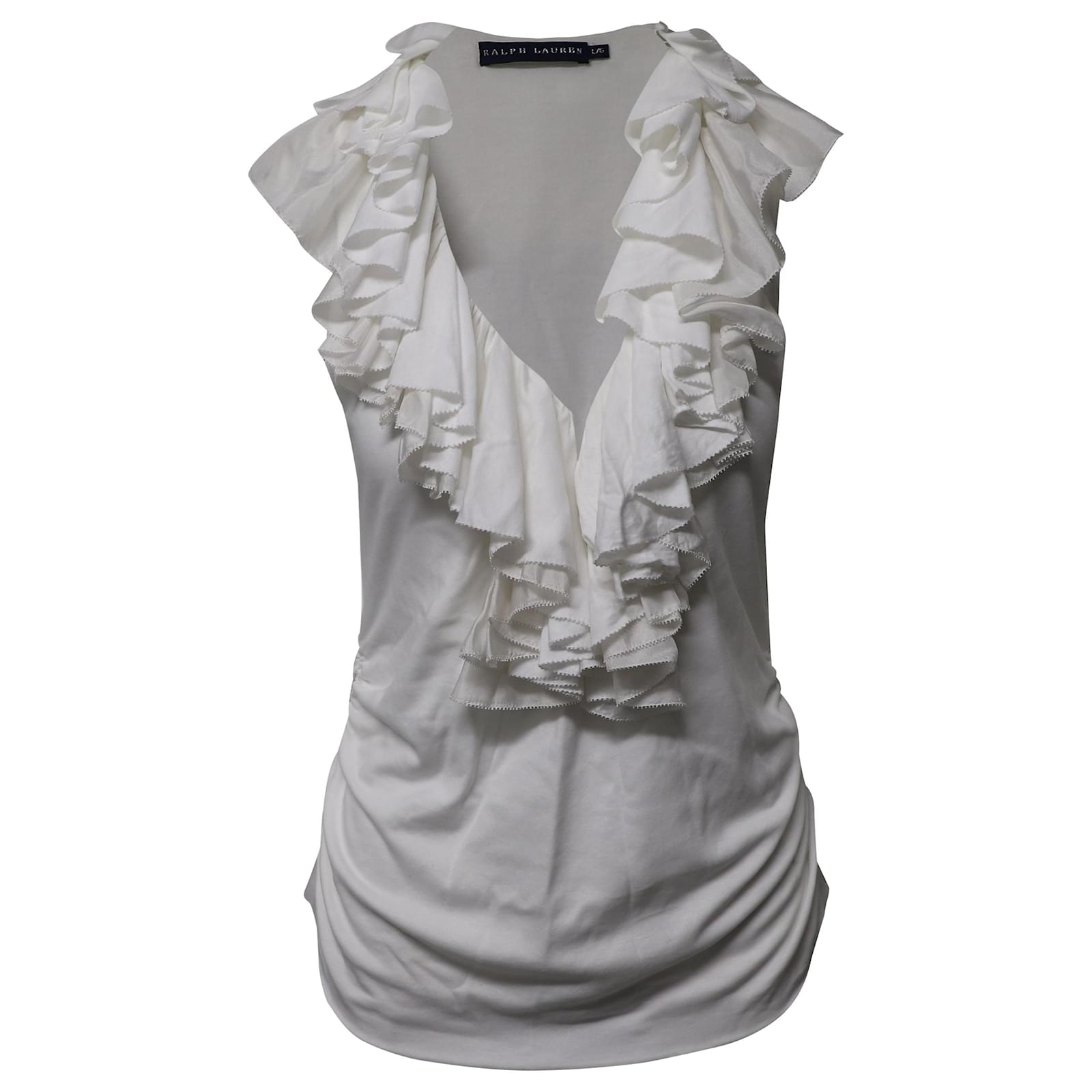 Ralph Lauren Ruffle Blouse in White Silk Cotton ref.947119 Joli Closet