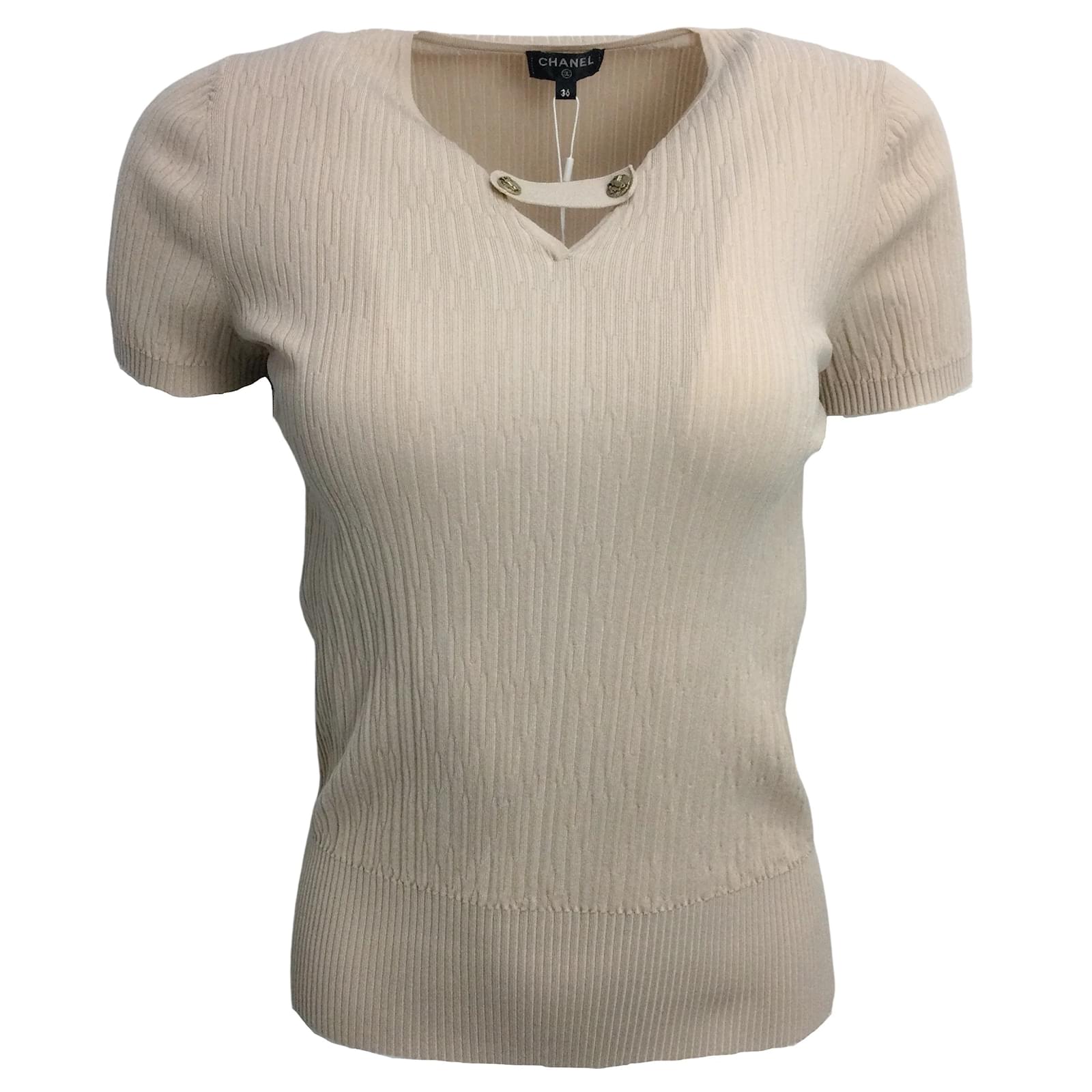 Knitwear Chanel Chanel Tan Short Sleeved Knit Top Size S Inter
