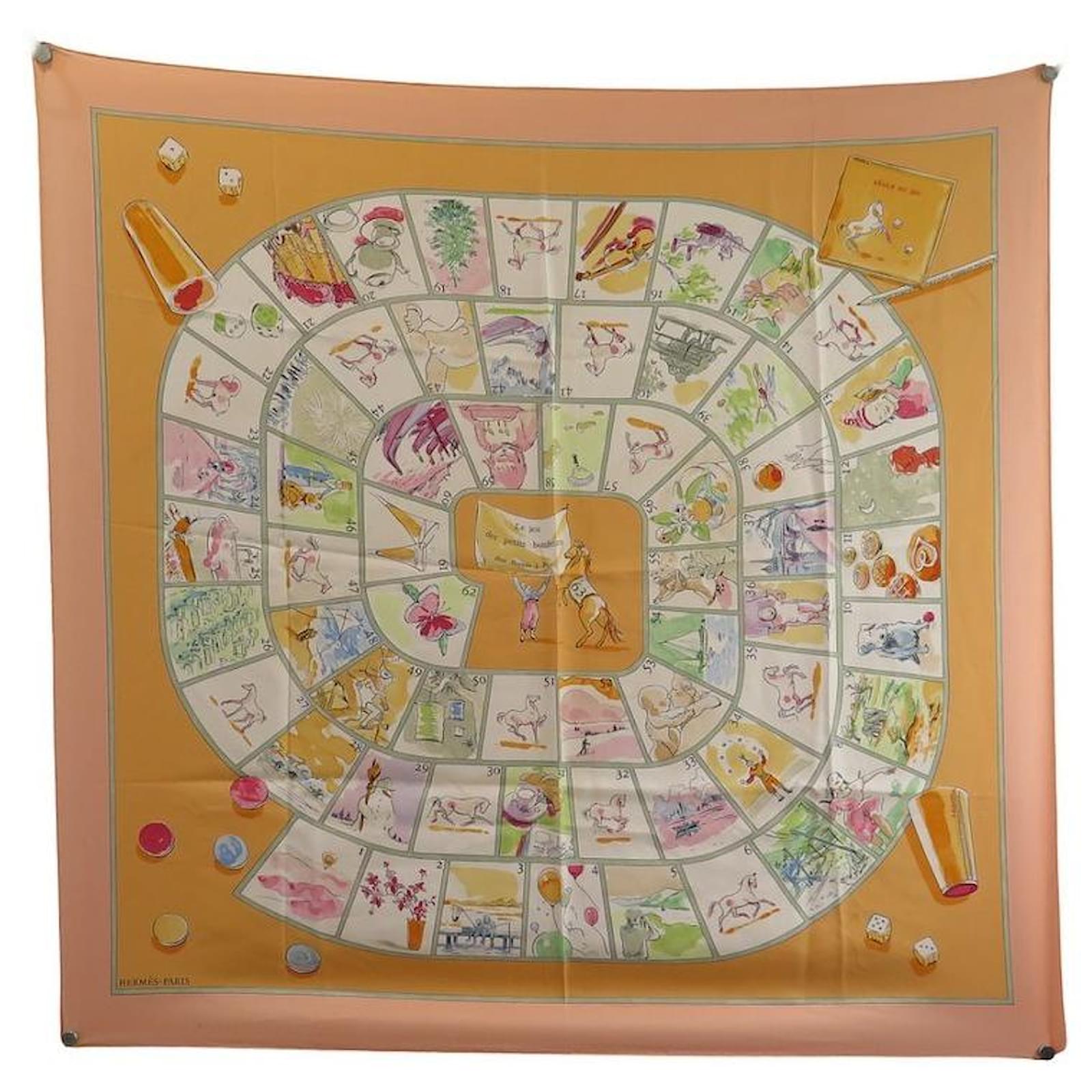 Hermès HERMES SCARF THE GAME OF LITTLE HAPPINESS SYNES SQUARE 90 SILK SCARF  BOX Orange ref.949387 - Joli Closet