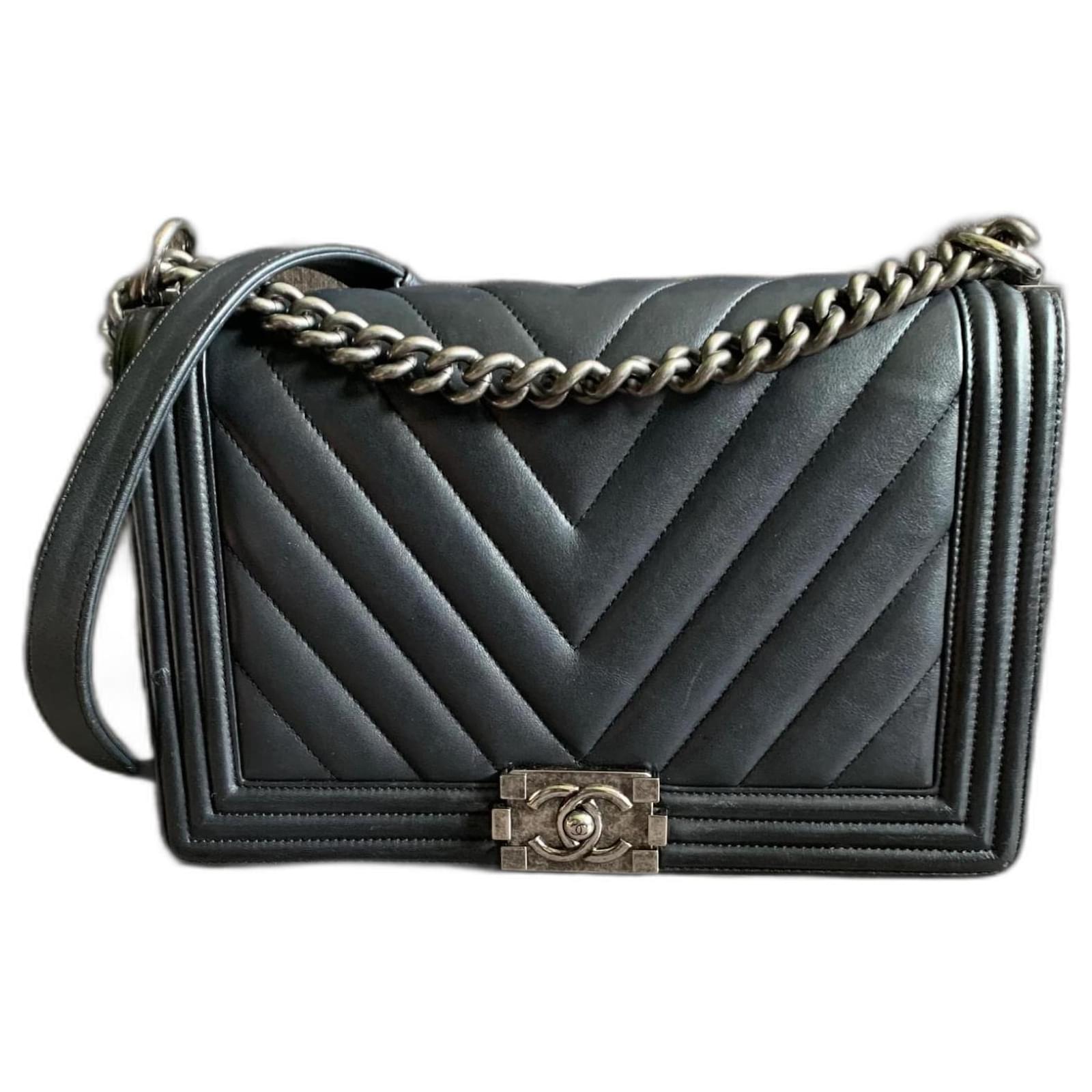 Chanel Black Chevron Quilted Caviar Leather Medium Boy Bag - Yoogi's Closet