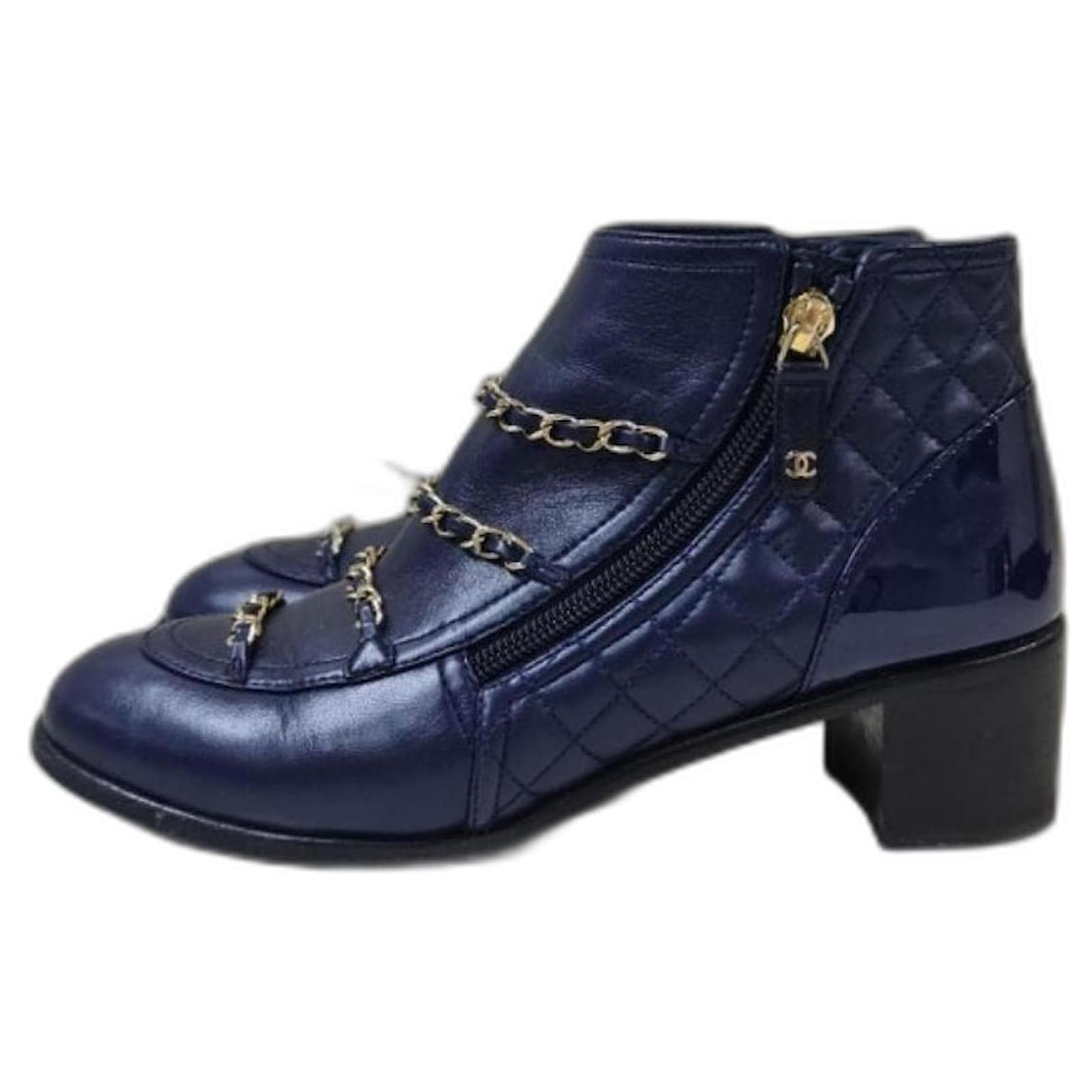 Chanel Navy Iridescent Leather Chain Ankle Boots Dark blue ref