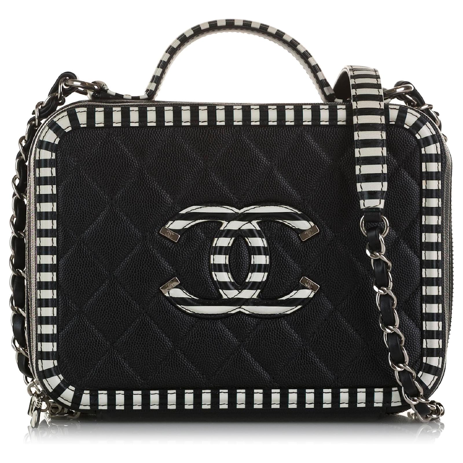 Chanel Black Medium Caviar CC Filigree Vanity Bag White Leather