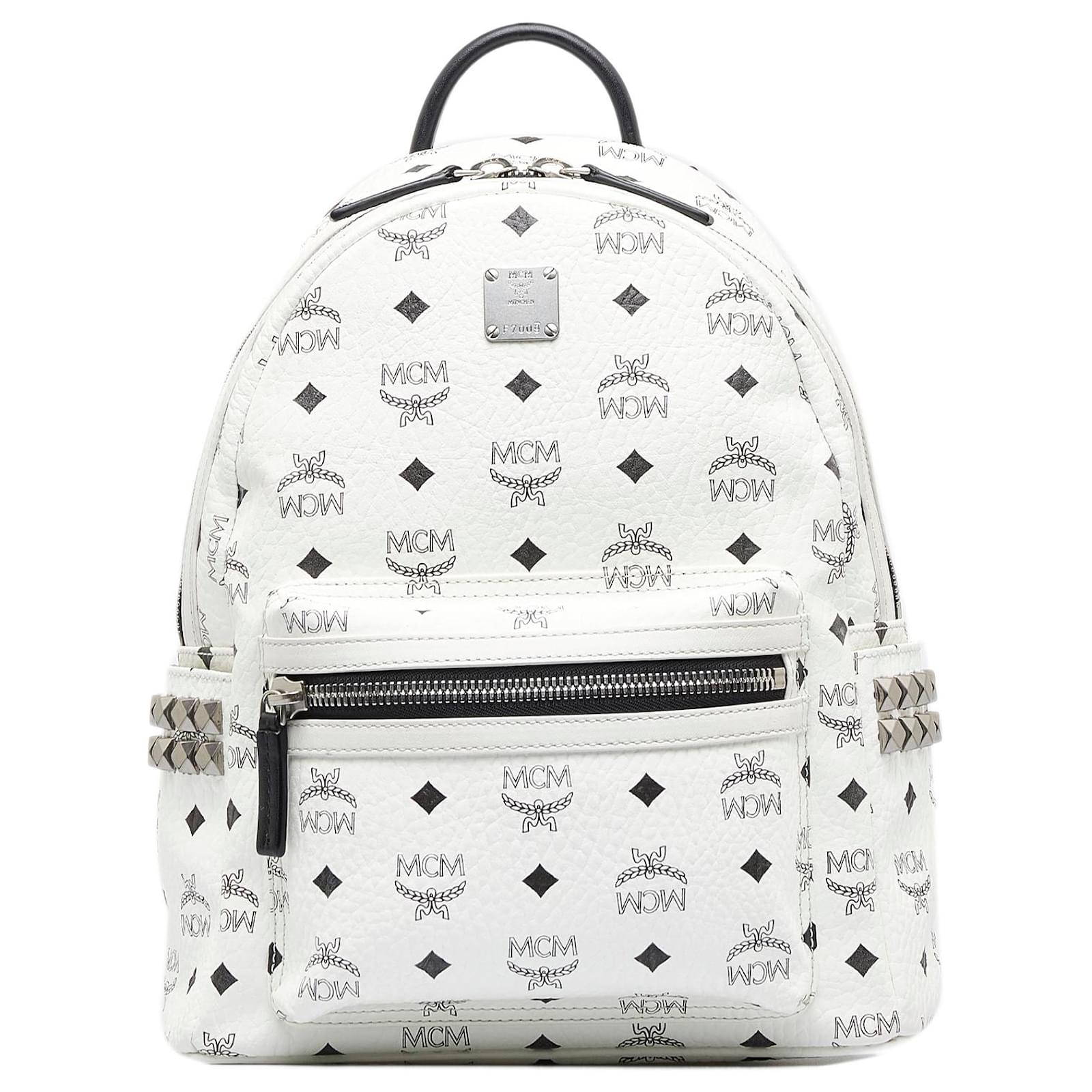 MCM Stark Backpack Visetos White Logo Medium Ruby Red in Coated