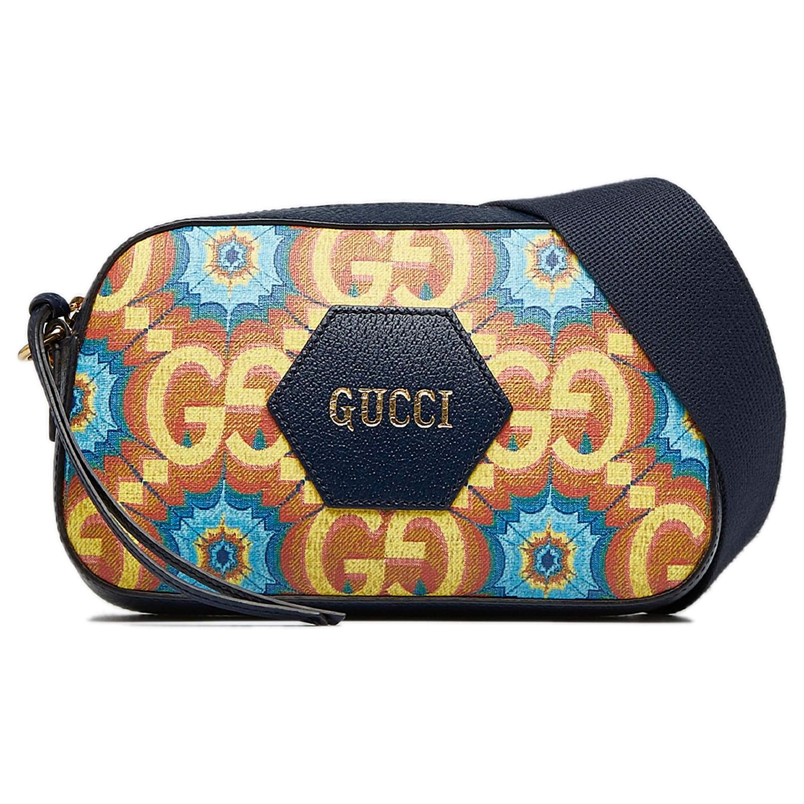 Gucci Wristlet Zip Pouch Blooms Print GG Coated Canvas Small Blue