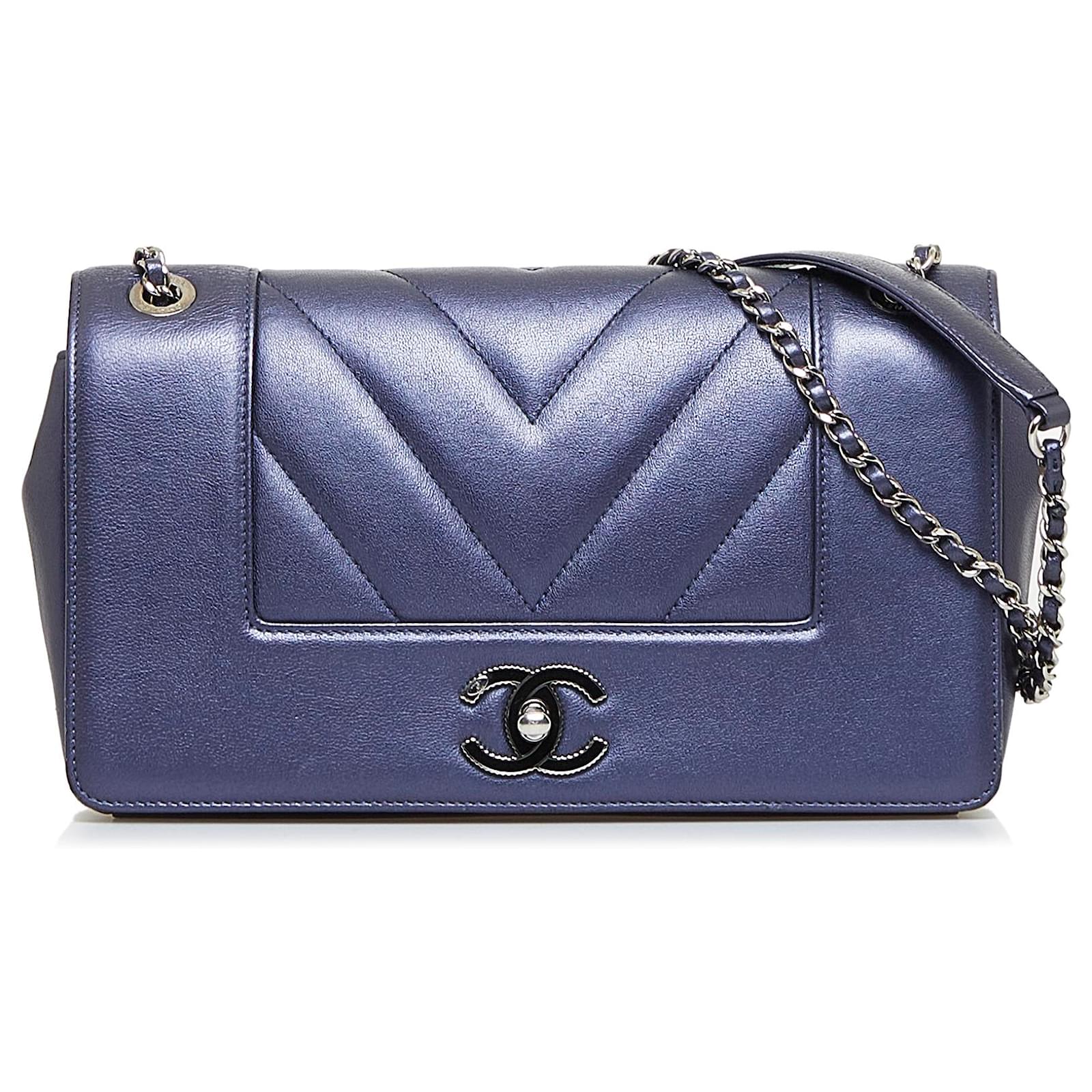 Chanel Blue Medium Mademoiselle Vintage Chevron Flap Bag Leather
