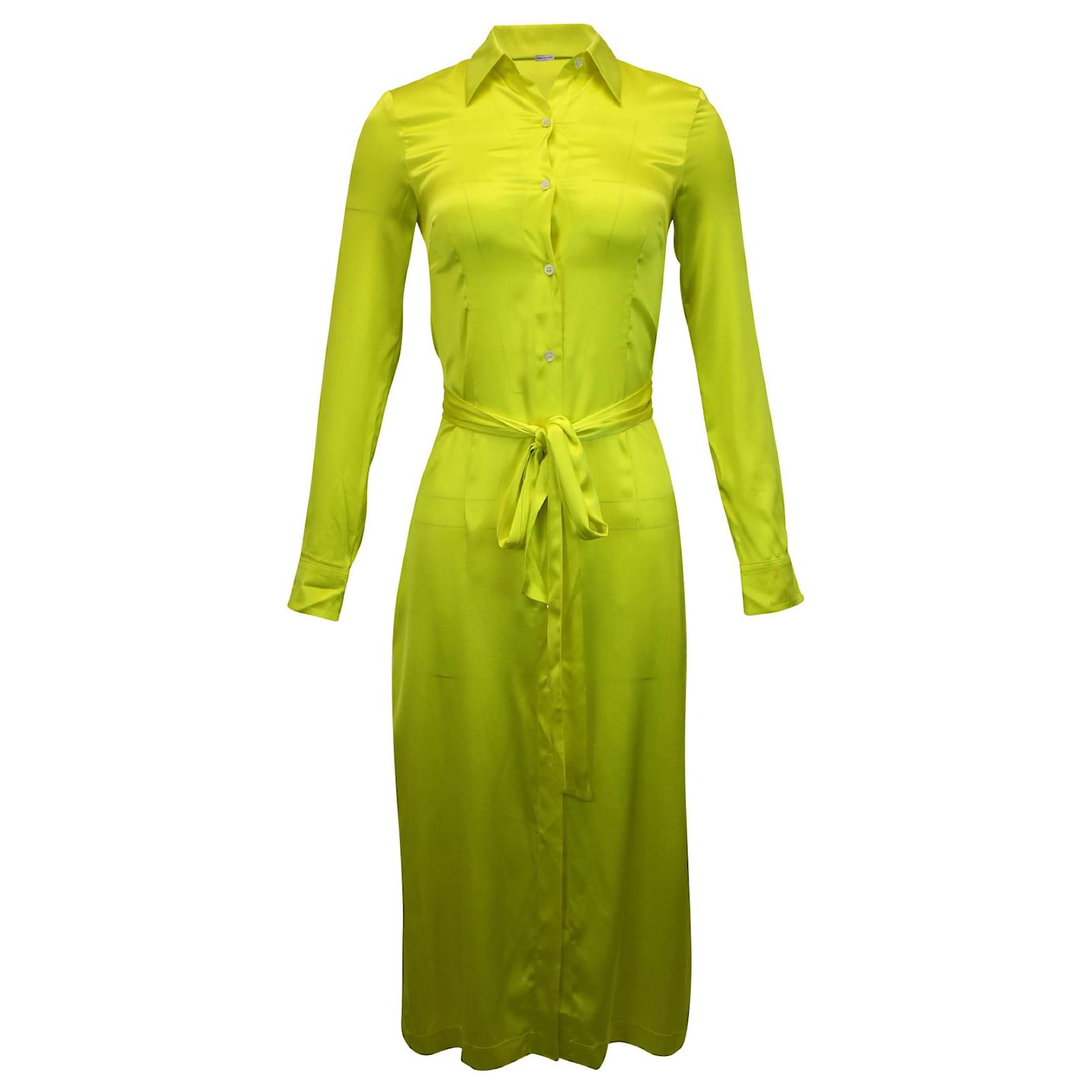 Dries Van Noten Belted Shirt Dress in Yellow Silk
