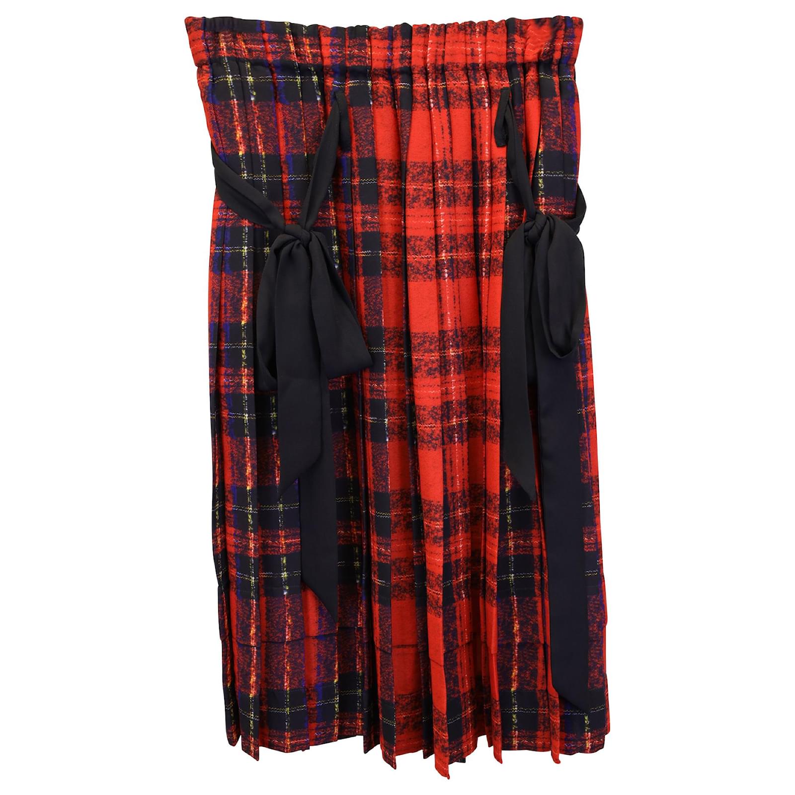 Simone Rocha Pleated Plaid Midi Skirt w/ Bow Details in Red