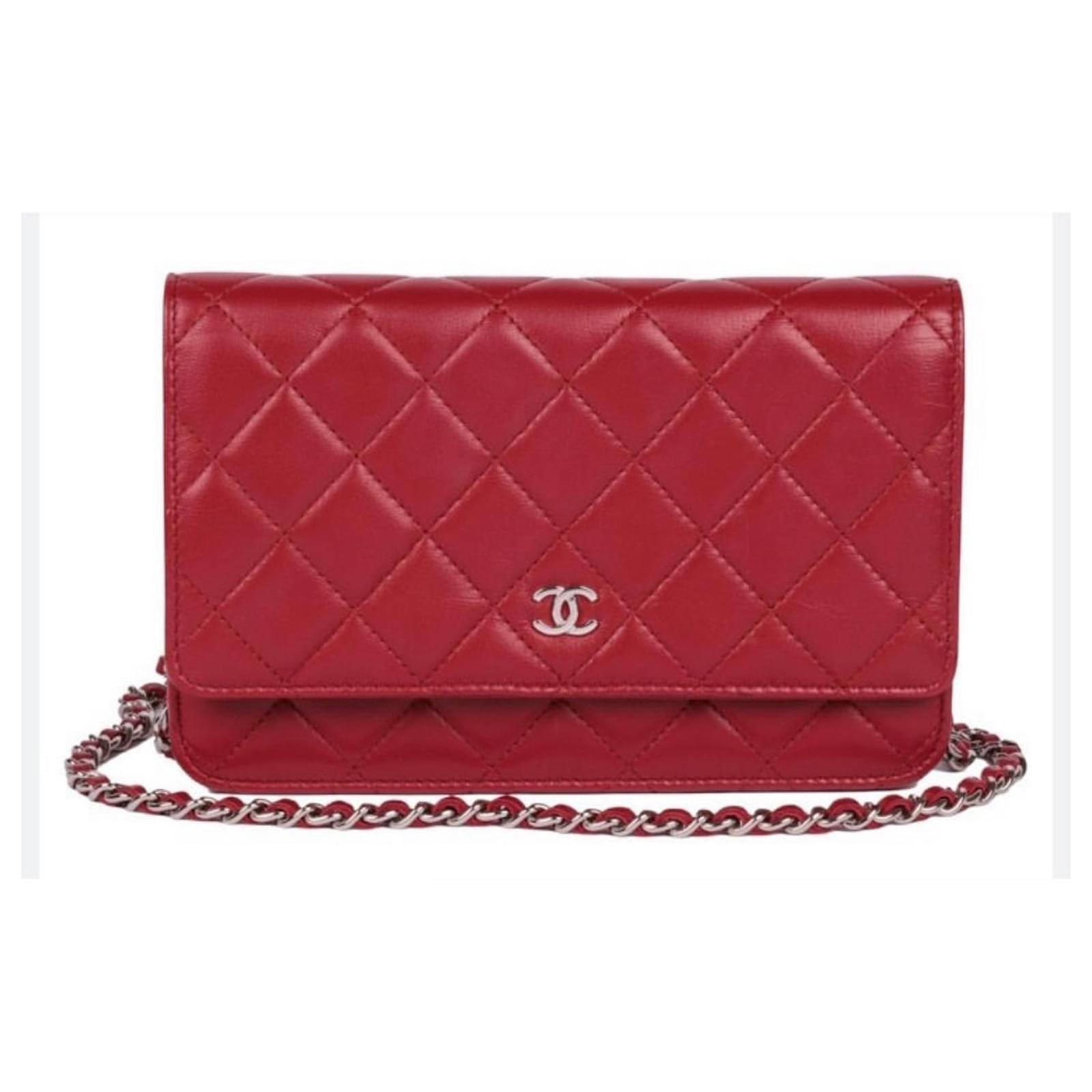 CHANEL Boy Woc Wallet on Chain Quilted Patent Leather Shoulder Bag Red